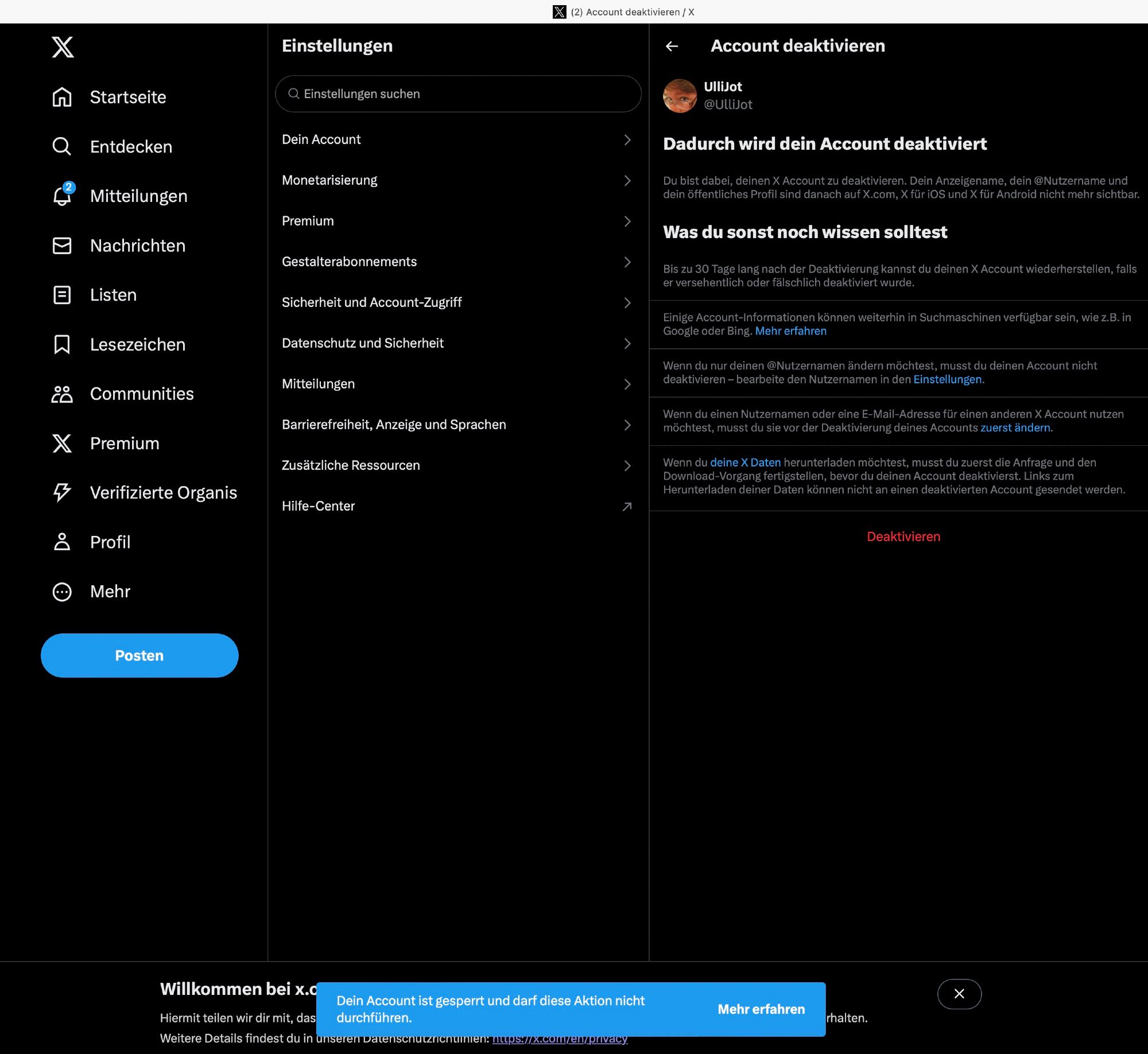 Ein Screenshot der Maske auf X, wo man seinen Account deaktivieren kann. Unten wird eine Meldung eingeblendet, dass der Account gesperrt ist und diese Aktion nicht durchführen darf.