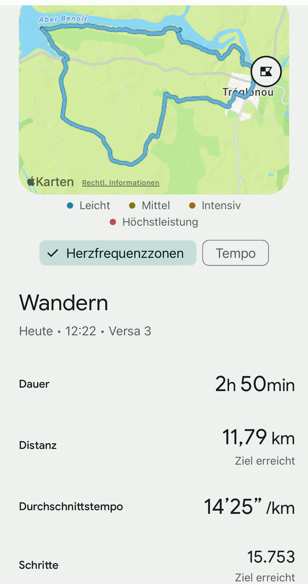 Screenshot über eine Wanderung von einer Länge von 2h 50 über 11,79km