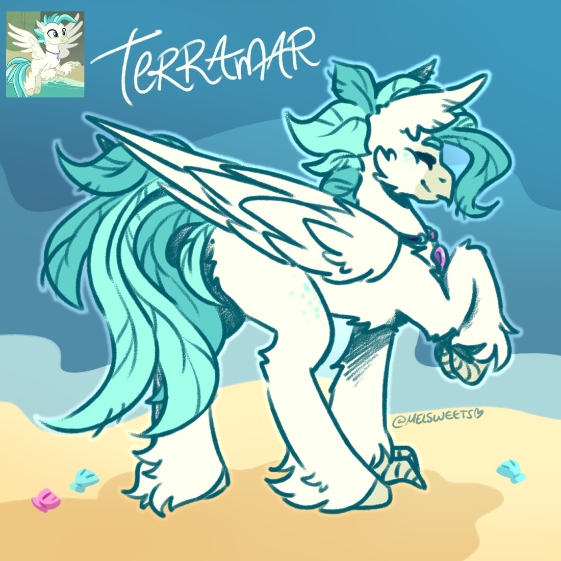 A digital drawing of Terramar from MLP:FiM standing on a beach, smiling.