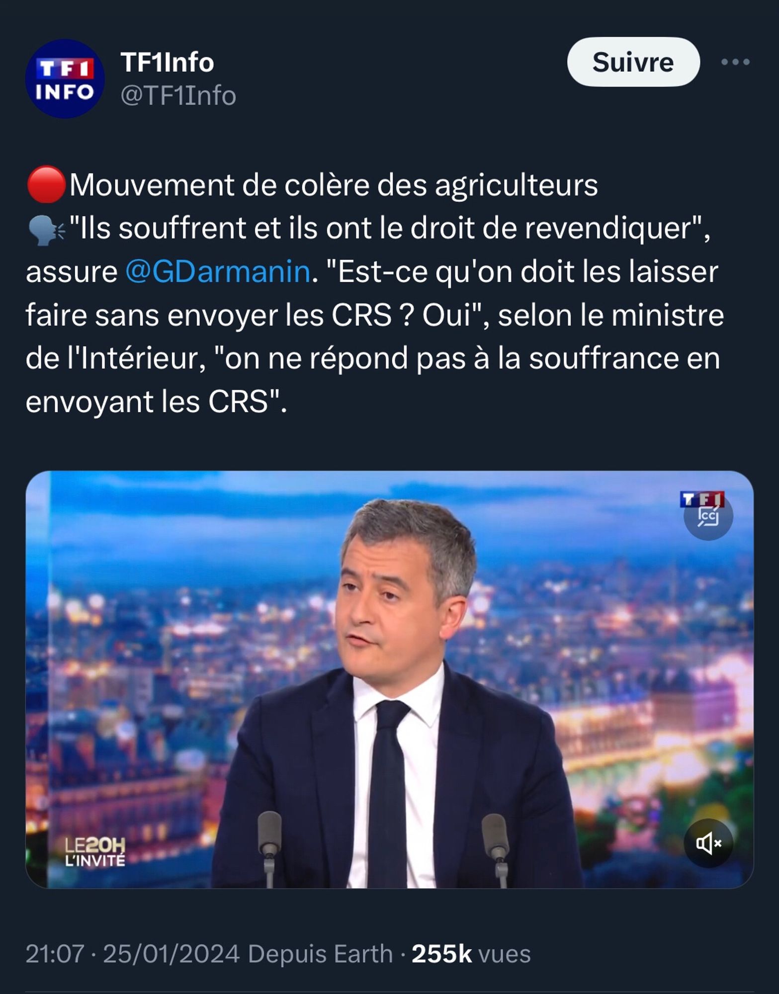 Extrait de l’interview de l’abject Darmanin sur TF1 à propos des manifestations des agriculteurs : « Ils souffrent et ils ont le droit de revendiquer. Est-ce qu'on doit les laisser faire sans envoyer les CRS ? Oui, on ne répond pas à la souffrance en envoyant les CRS »