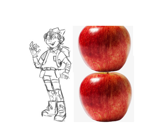 Drawing of my oc Aiken compared to two pngs of apples, demonstrating they are 2 apples tall. <3