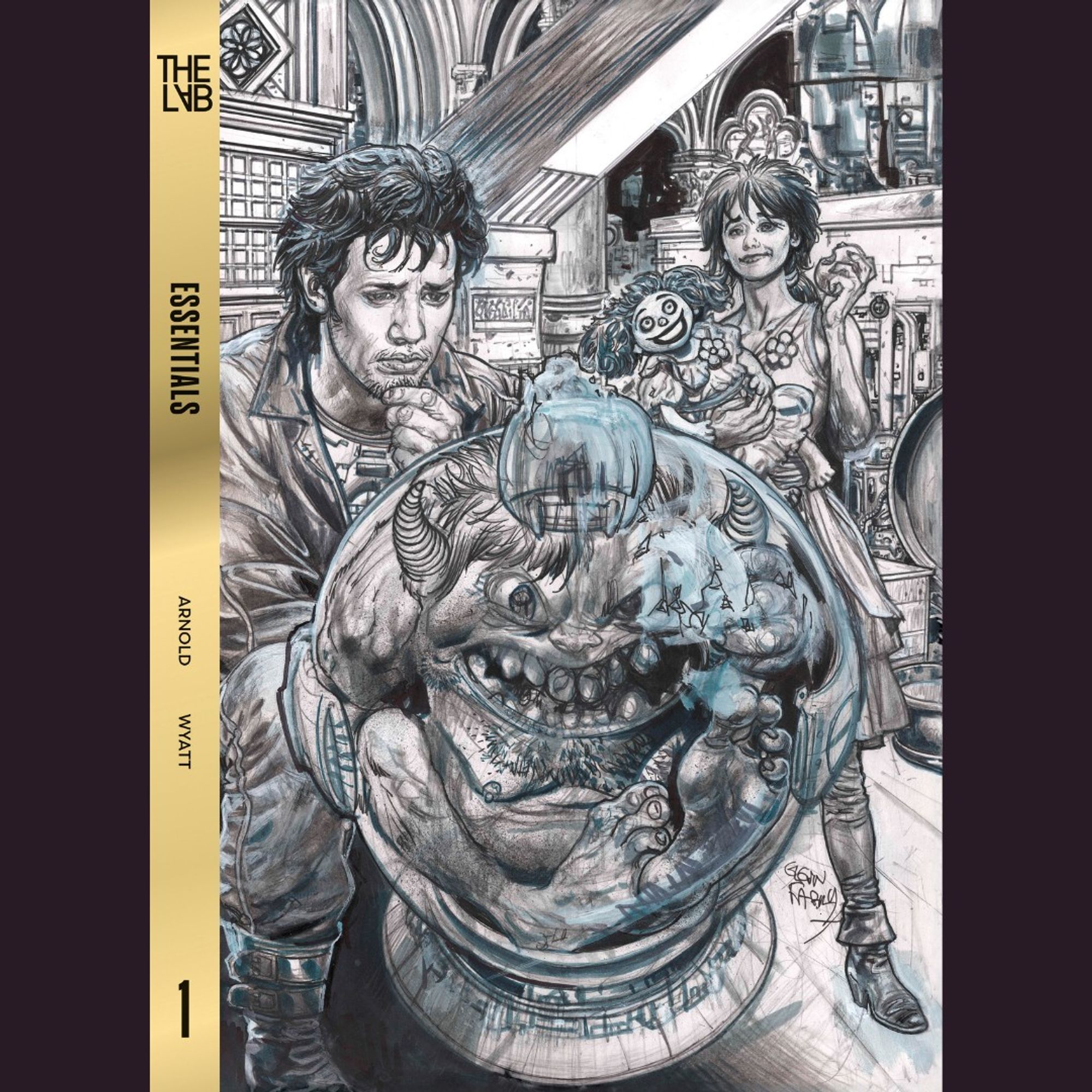 A black and white line drawing of Glenn Fabry’s cover art featuring Snuggles under glass in the foreground with Harris Pax behind on the left. To his left is a woman carrying a doll with yarn pigtails and a daisy pinned to her chest. The woman also has a daisy pinned to her chest. The background indicates an industrial location.