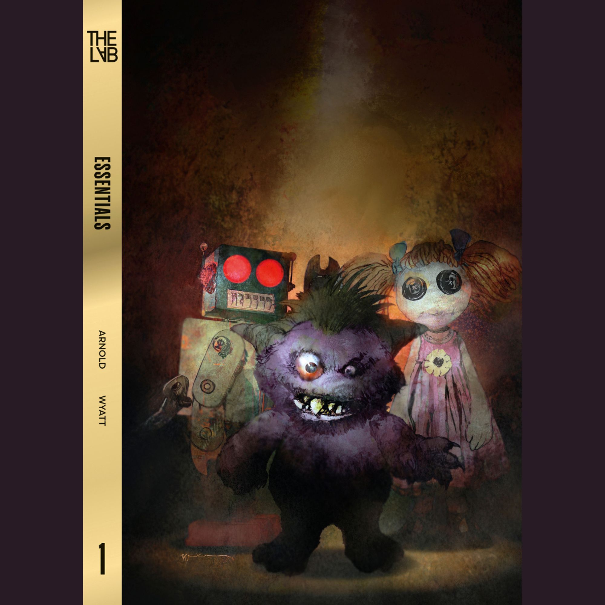 A close up of Bill Sienkiewicz’s virgin cover art featuring Snuggles front and center on a muted color background. Buttons and Little Robot stand behind. Gold detailing for the book’s spine is on the left.