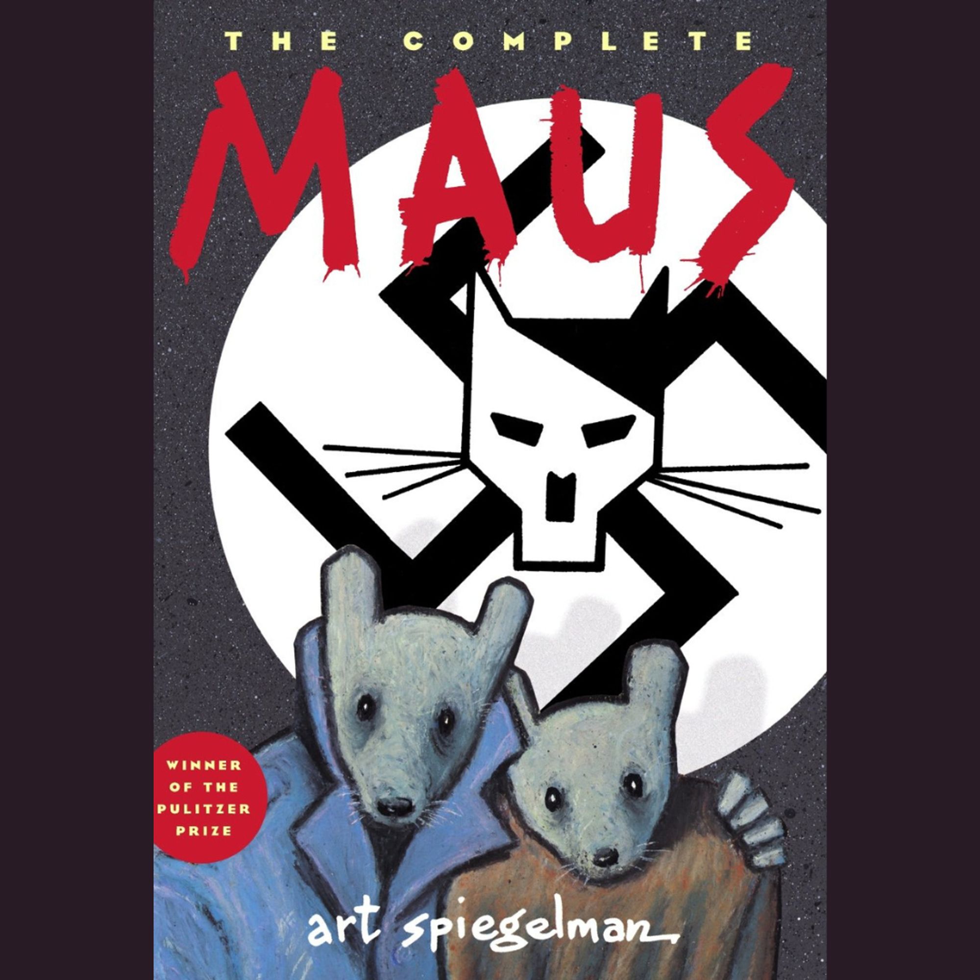 The cover of Art Spieglman’s Maus graphic novel. In the foreground are two illustrated mice from the waist up wearing drab blue and brown jackets. Behind them is a black Nazi symbol on a white circle with a stylized cat illustration at its center. The title Maus is painted over the top in bright red letters.