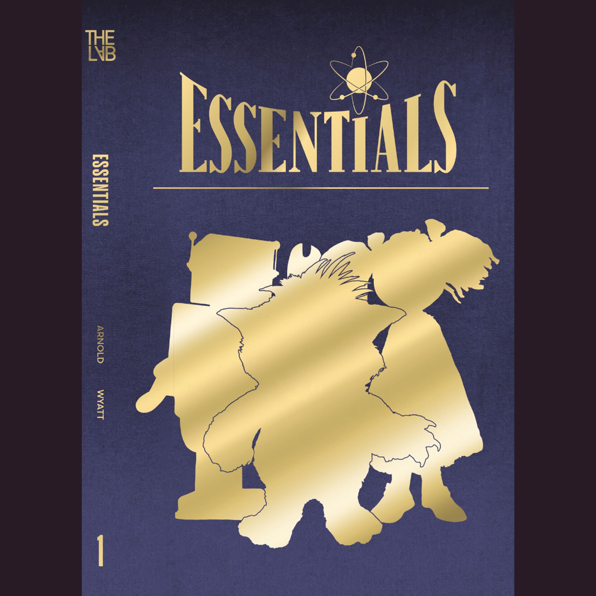 The cover of our ESSENTIALS edition with a purple cover with ESSENTIALS and a neuron design in gold across the top. The main alien characters of ESSENTIALS are superimposed on the main body of the cover in gold with purple outlines. To the left are book details like the publisher, title, authors, and imprint.