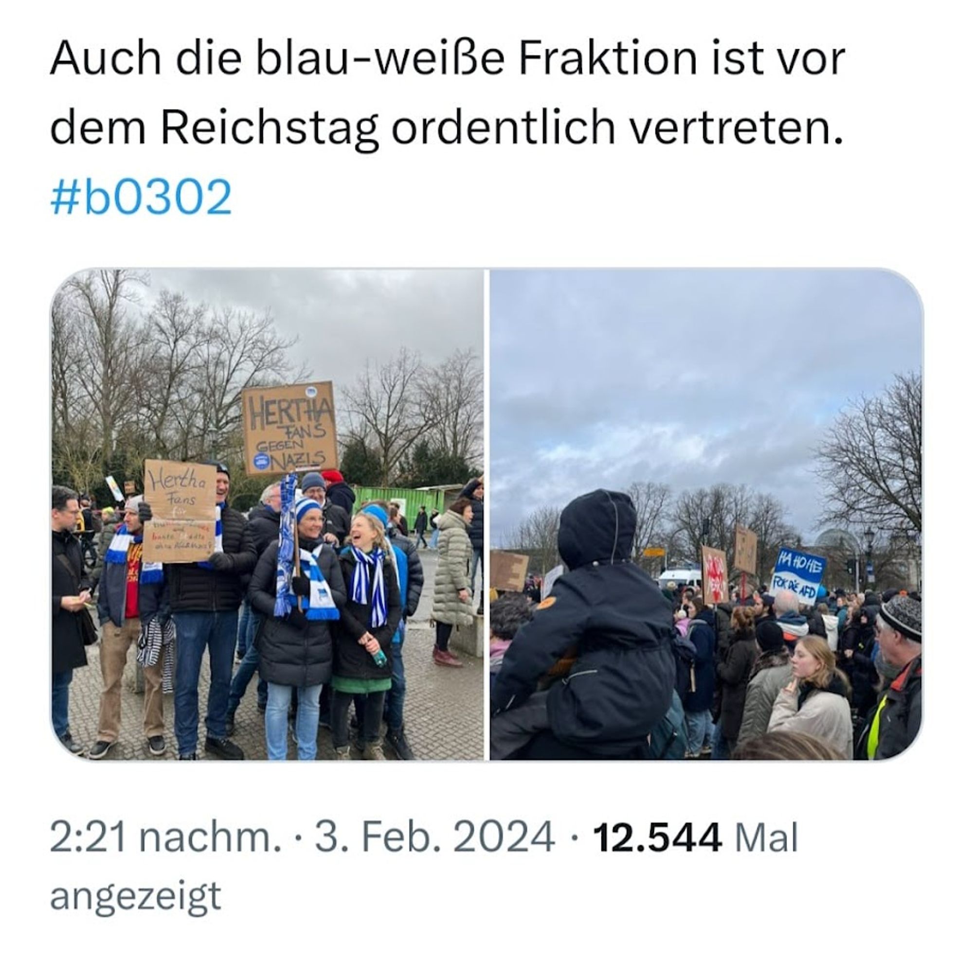 #b0302 2 Fotos von Herthafans. Eine trägt ein Transparent "Herthafans gegen Nazis"