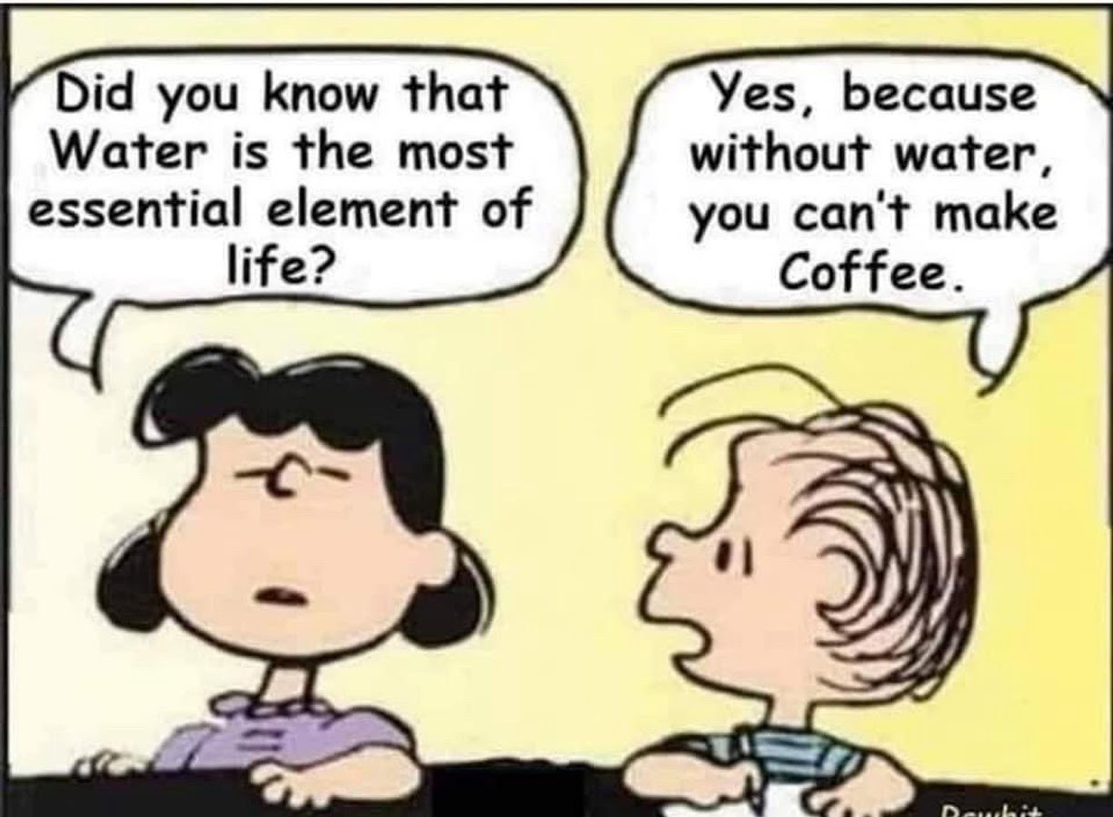 "Did you know that water is the most essential element of life?""Yes, because whitout without water, you can't make coffee."