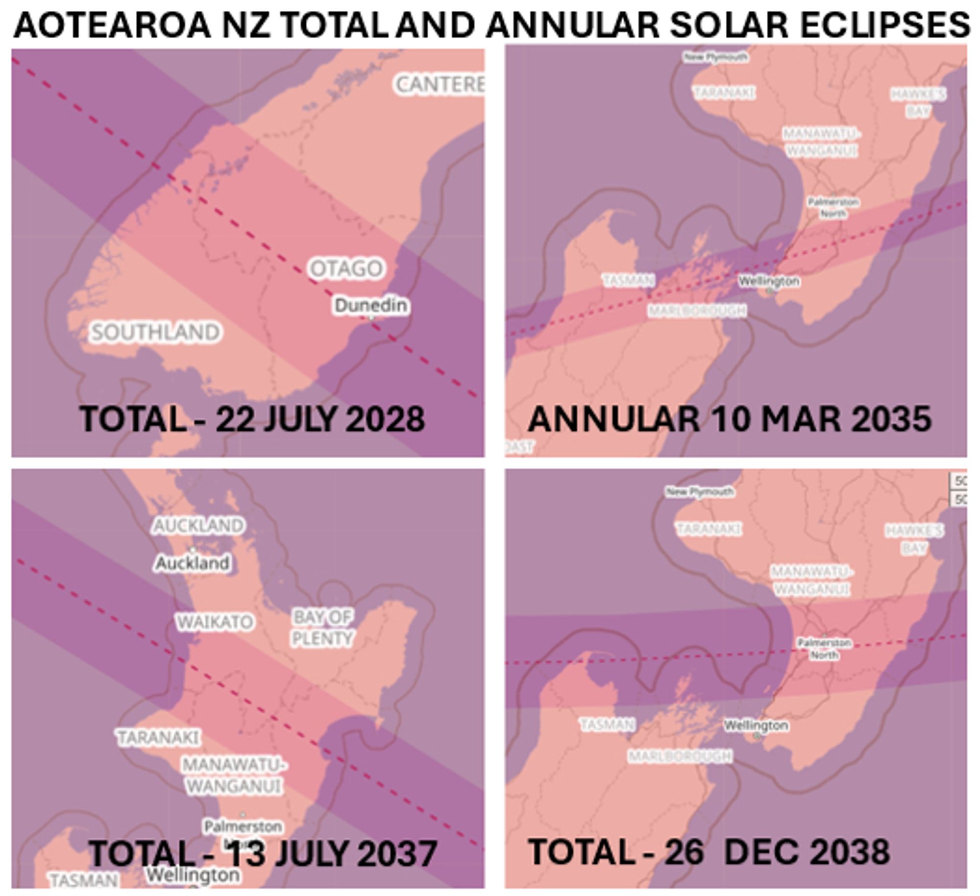 Four maps showing eclipse tracks crossing New Zeland  for 22 July 2028, 10 March 2035, 13 July 2037, and 26 December 2038