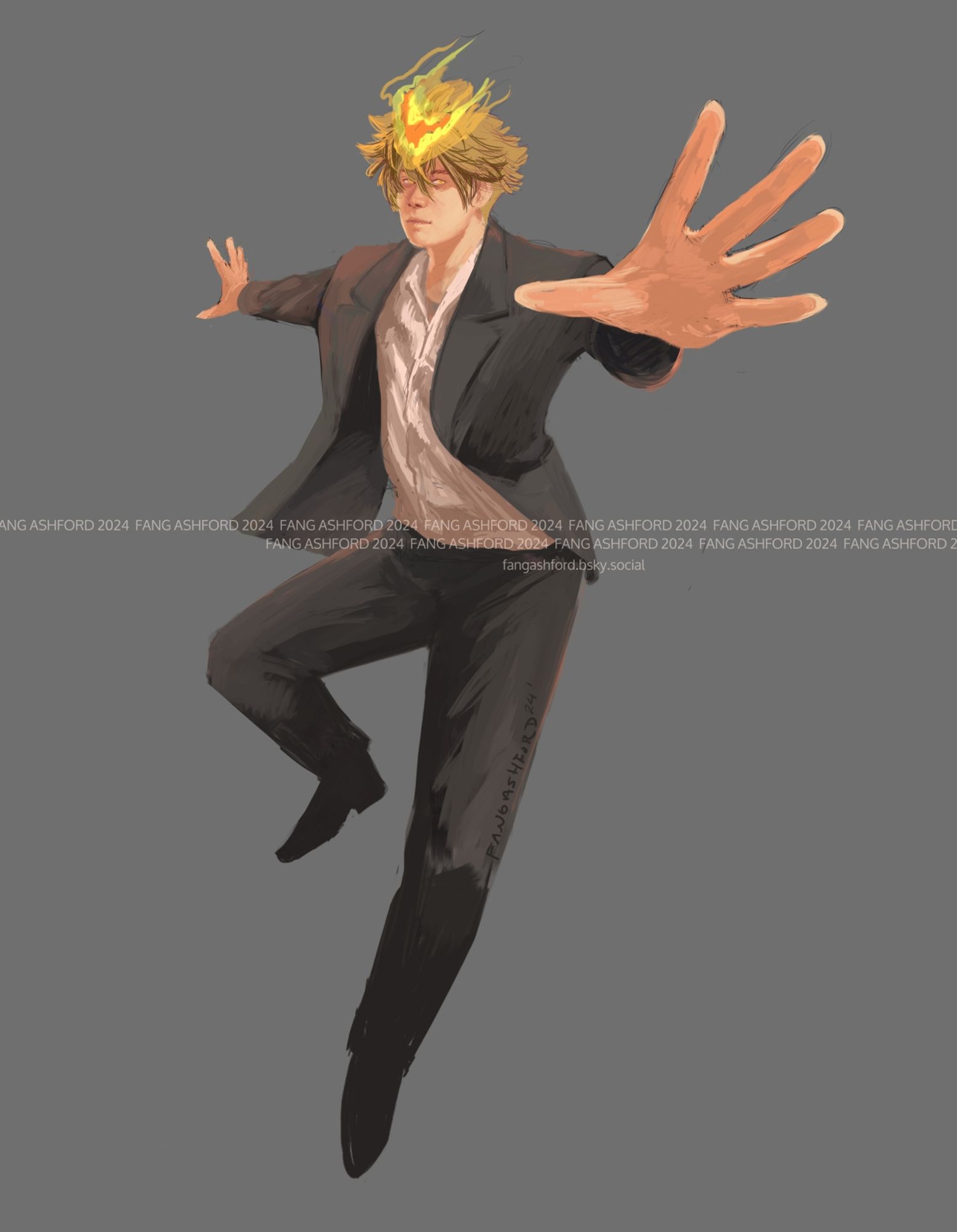 Portrait - pose study of Sawada Tsunayoshi with his arms outstretched and a flame lit over his forehead. The rendering of his clothing is rough and unfinished. He wears a plain black suit and white collared shirt.