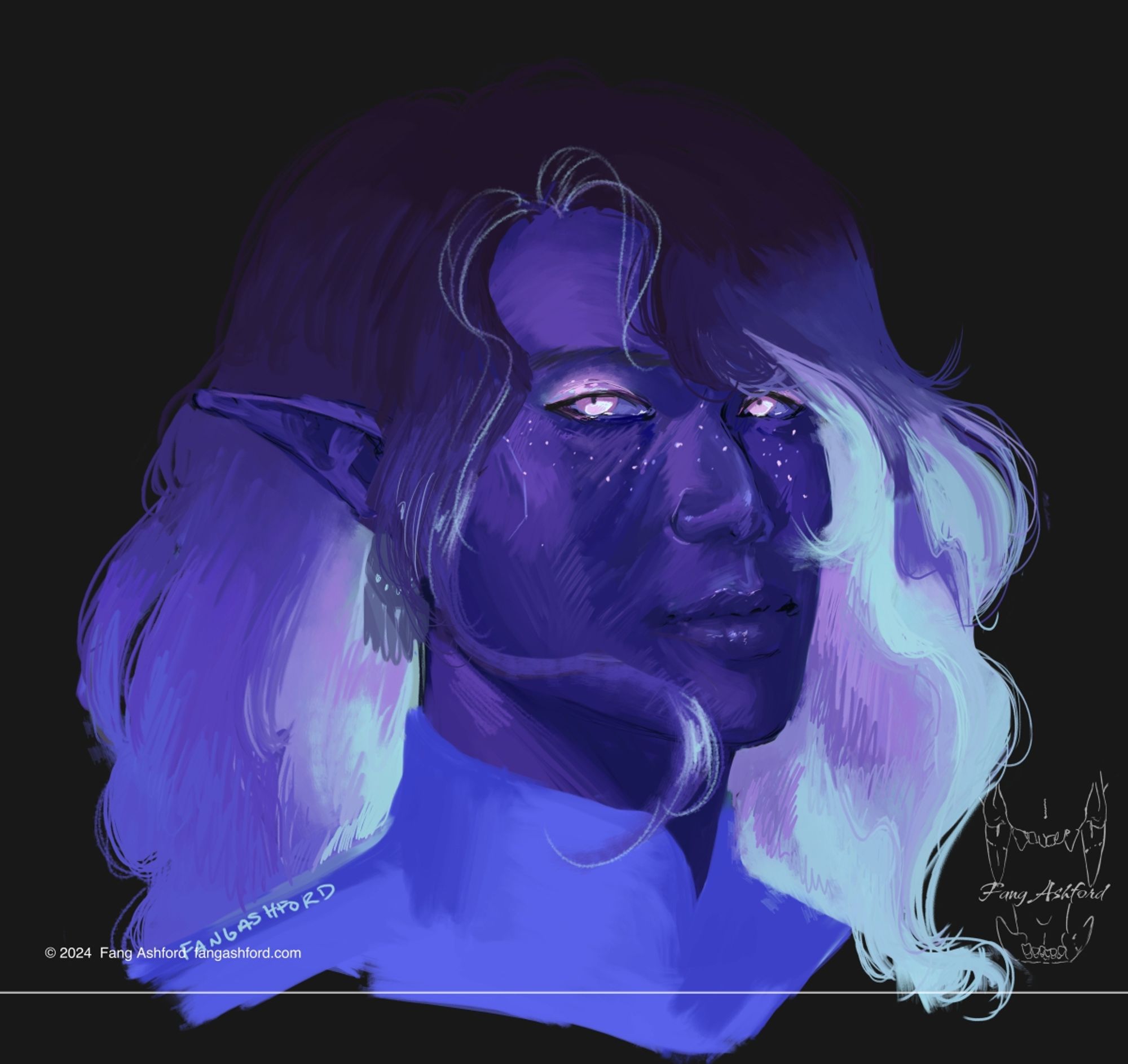 A star genasi who has a soft and sweet personality. She seems to be more maternal towards her clan-mates ( Rev + Atlas ). She has dark blue skin with star-like freckles; her hair is almost like an ombre, starting at a very dark blue and fading out to bright neons and light ( but still dark ) blues. She is looking at the viewer, posed at a 3/4th angle.