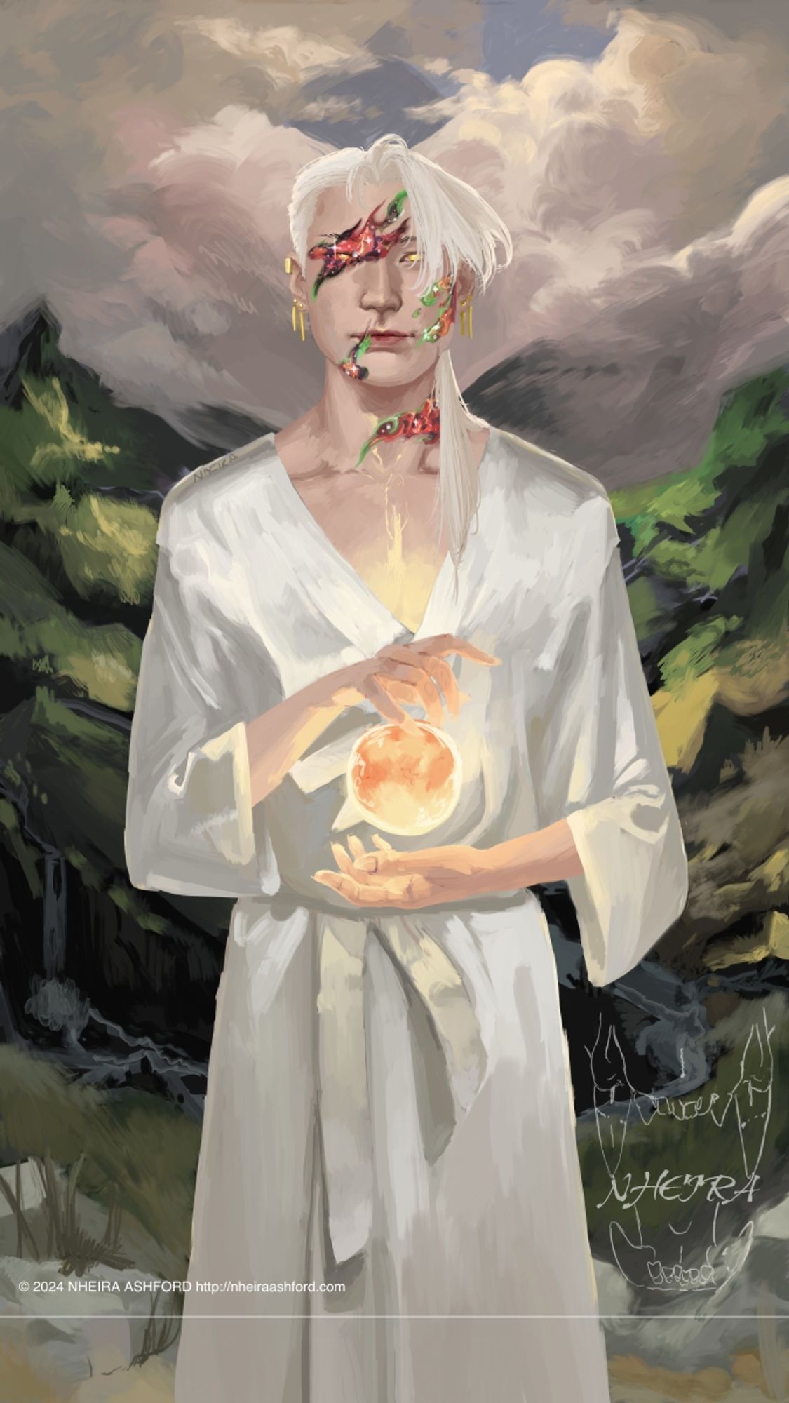 Painting of a character with light colored hair and stars on his face, a glow centered in his chest. He wears a super low cut white silk shirt, his hair hanging along one side of his neck. He wears four earrings and a cuff on his right ear. Behind him is a low valley with high mountains on either side, clouds covering the entire sky. Only thin strips of light make it totally through.