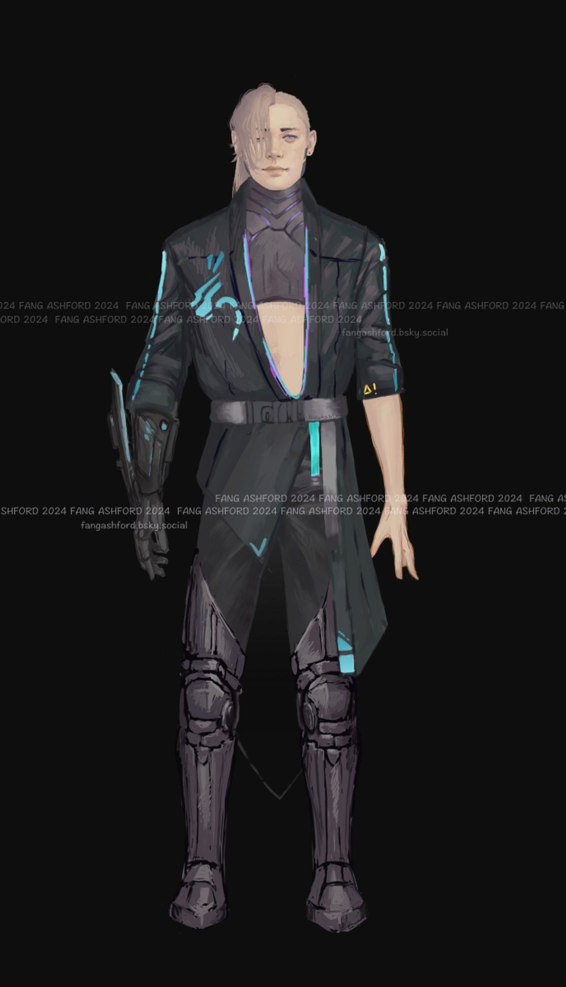 Ash Lang's third concept design. This current designs pull more from futuristic / mode clothing styles. More streamlined and fitted to the body. Here, he has two robotic legs that are more visible than in the previous design, his right arm ( viewer's left ) is visibly robotic while his left arm ( viewer's right ) is clearly human. His coat hangs open partway, held shut towards his left hip ( viewer's right ) by a utility belt. In this rendering, he is standing plainly with both arms at his sides, hands free.