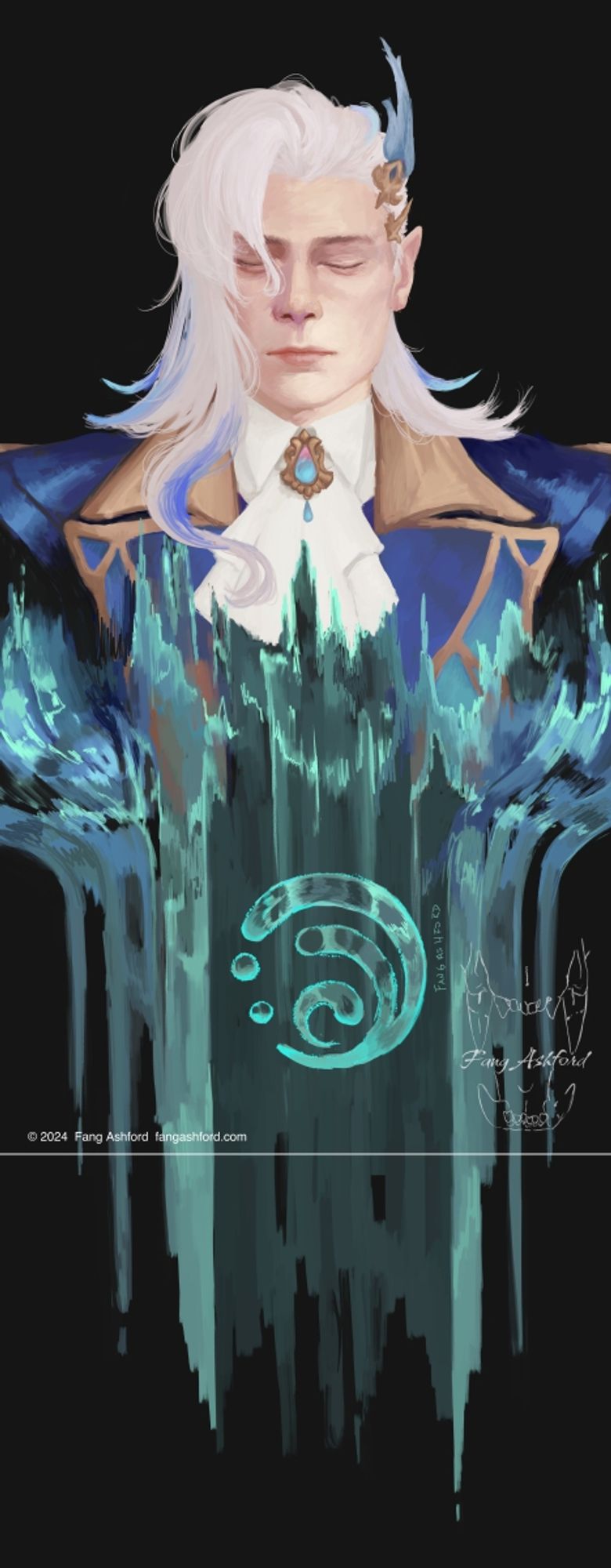 Portrait of Neuvillette from Genshin Impact. He is facing the viewer with his eyes shut and part of his body is blending into water.