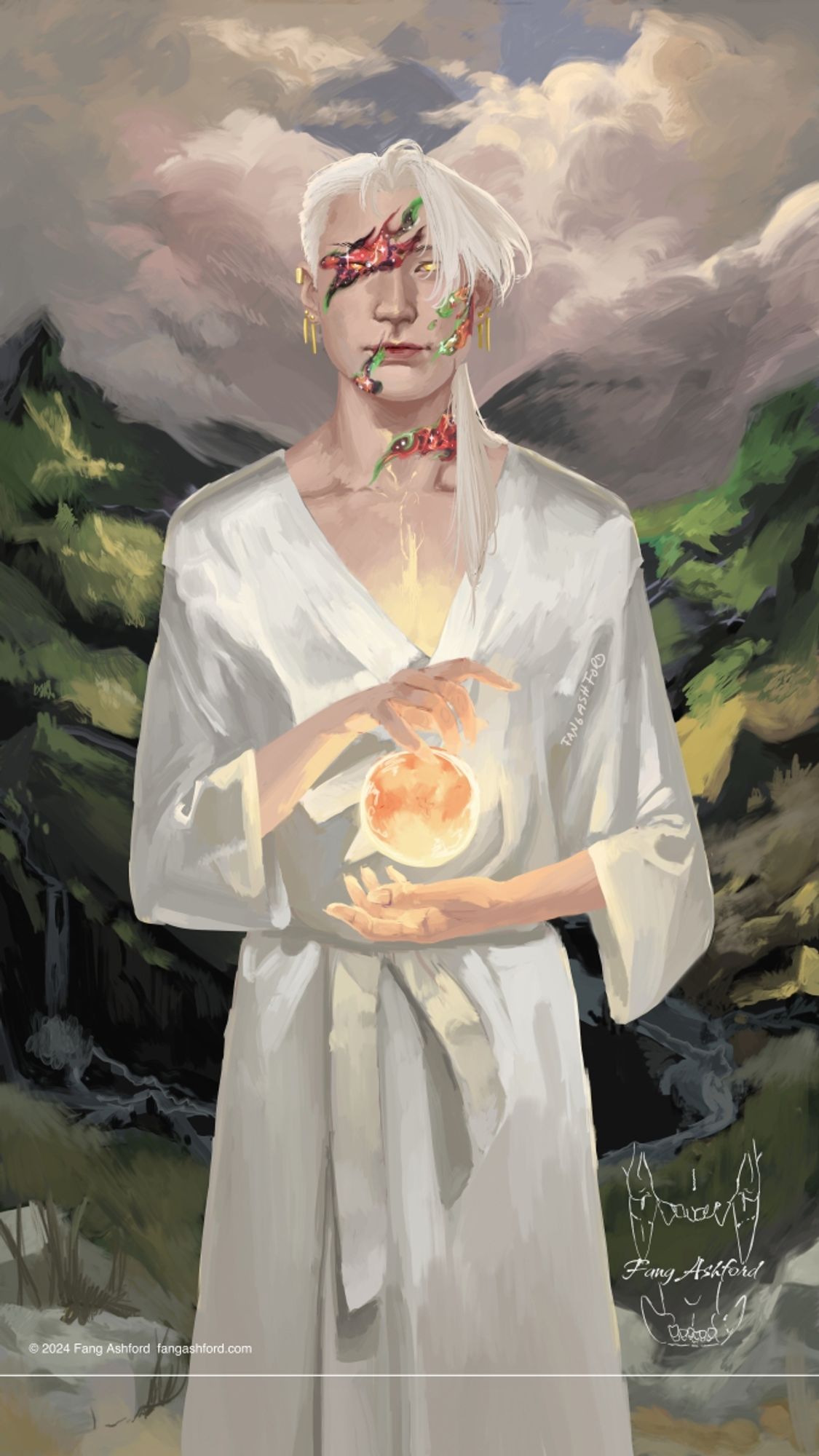 Painting of a character with light colored hair and stars on his face, a glow centered in his chest. He wears a super low cut white silk shirt, his hair hanging along one side of his neck. He wears four earrings and a cuff on his right ear.