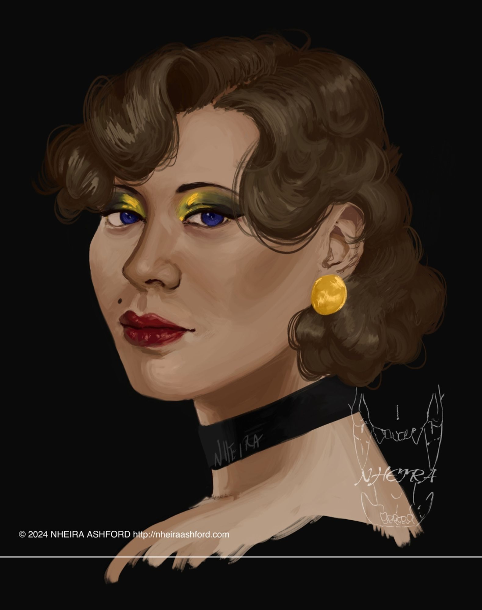 A portrait of a woman who is posed in the 3/4th angle. She has black and gold eyeshadow, accompanied by dark red lipstick. Her accessories consist of large circular gold earrings and a simple black choker.