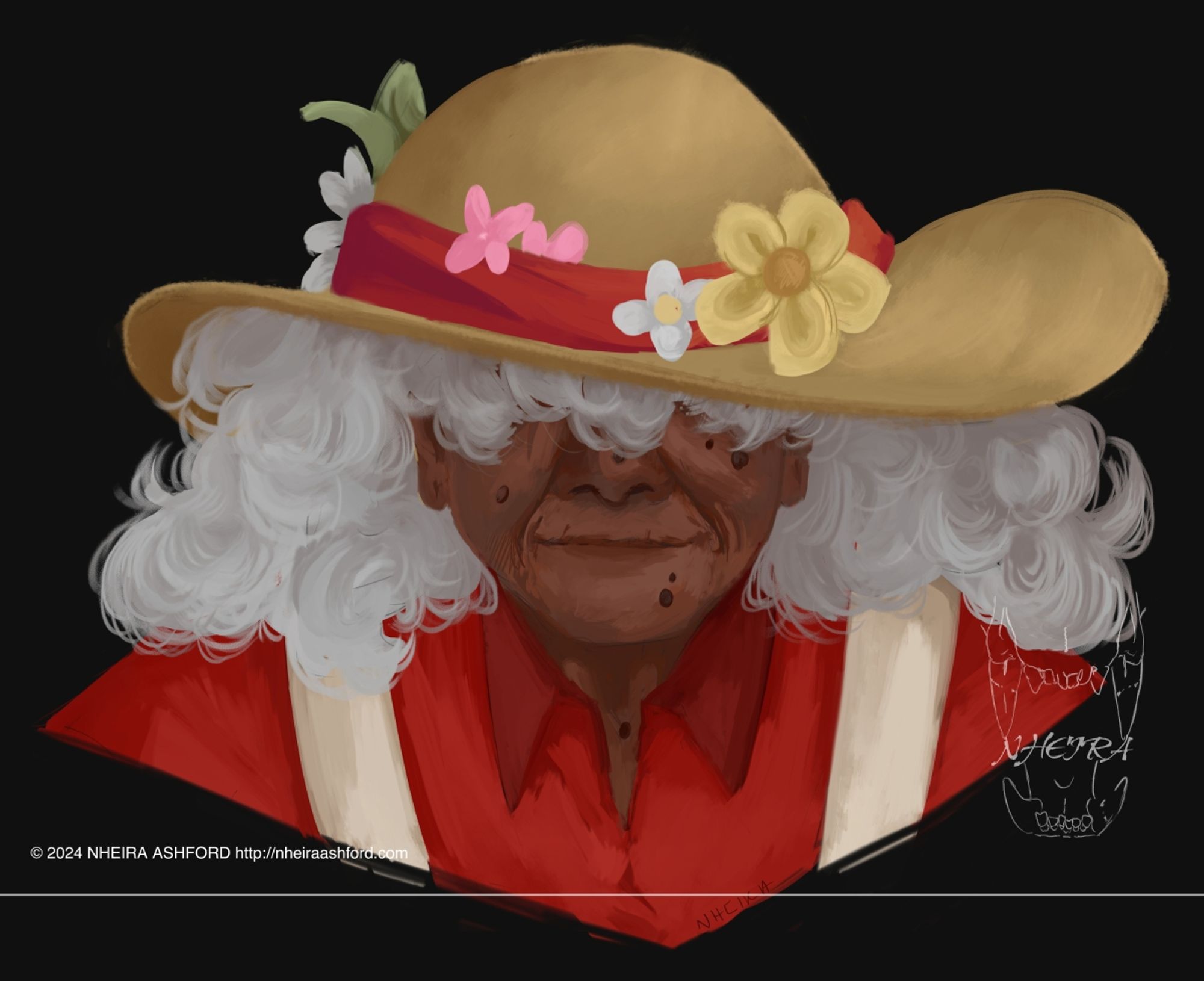 Portrait of a lady wearing a sunhat. She has long silvery white hair that falls in dense curls. Her outfit consists of off-white overalls and a bright red shirt that matches the band on her hat.