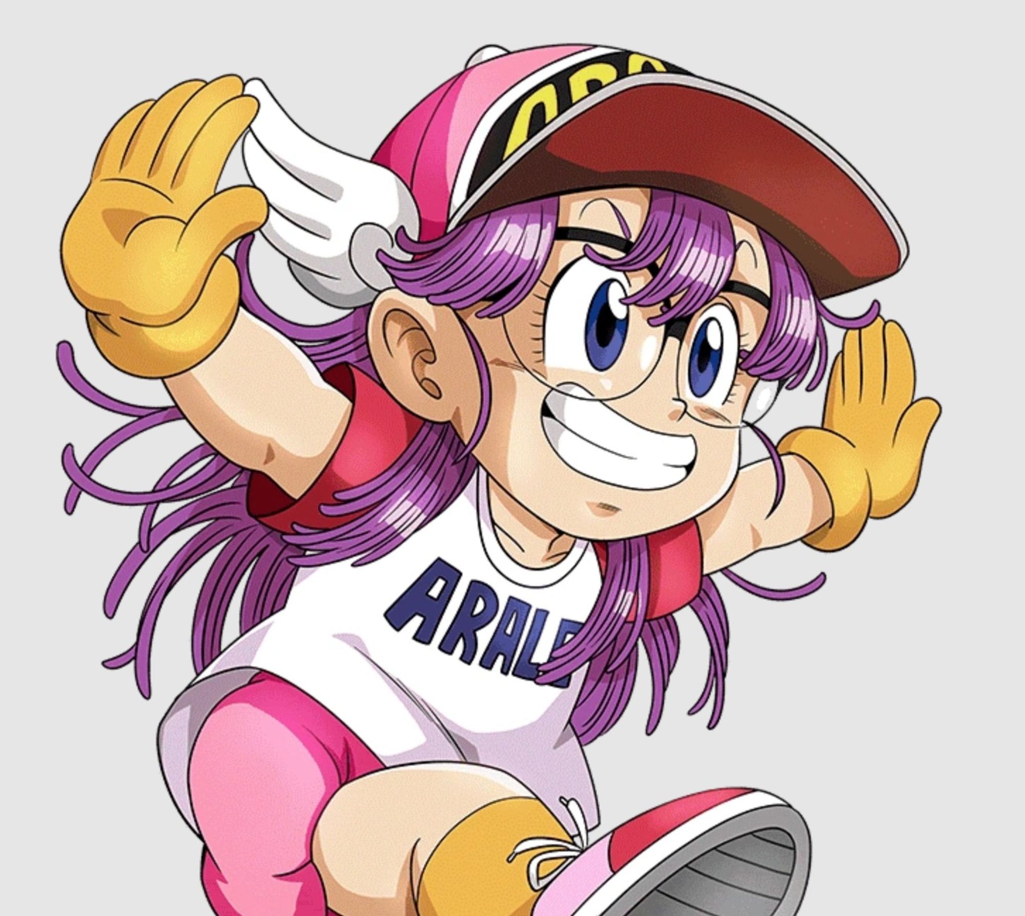 Official character art of Arale Norimaki. She has long purple hair and indigo eyes. She wears a pink hat with her name on it in yellow text, bright yellow gloves, a shirt with her name on it in indigo text and bright pink bloomers. She's posed in a running motion with her arms stretched out.