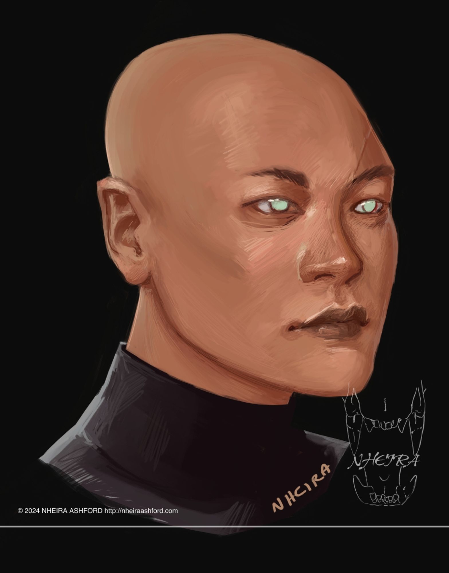 A digitally painted portrait of a character that is posed in the 3/4th profile. They are light more from behind/the side, most of the light hitting the right side ( our left ) of their face. They have bright green eyes and tanned skin with a warm undertone. Their lips are a dark mocha brown color, set in a neutral expression. They are a bald character, so there is no hair present except for their sharp eyebrows. This character wears a plain black turtleneck type shirt.