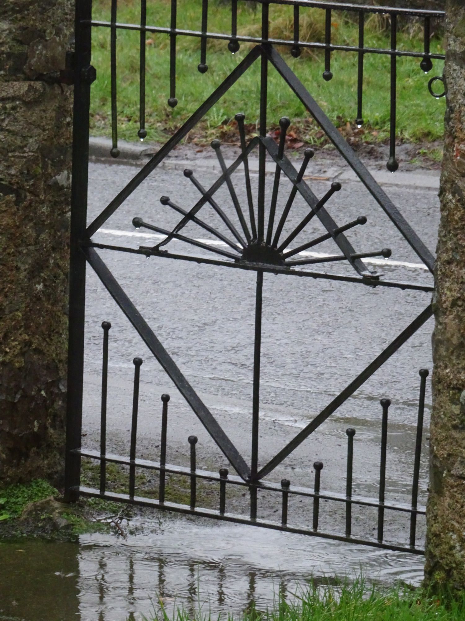 Gorgeous old iron gate and gorgeous rain against gorgeous pavement