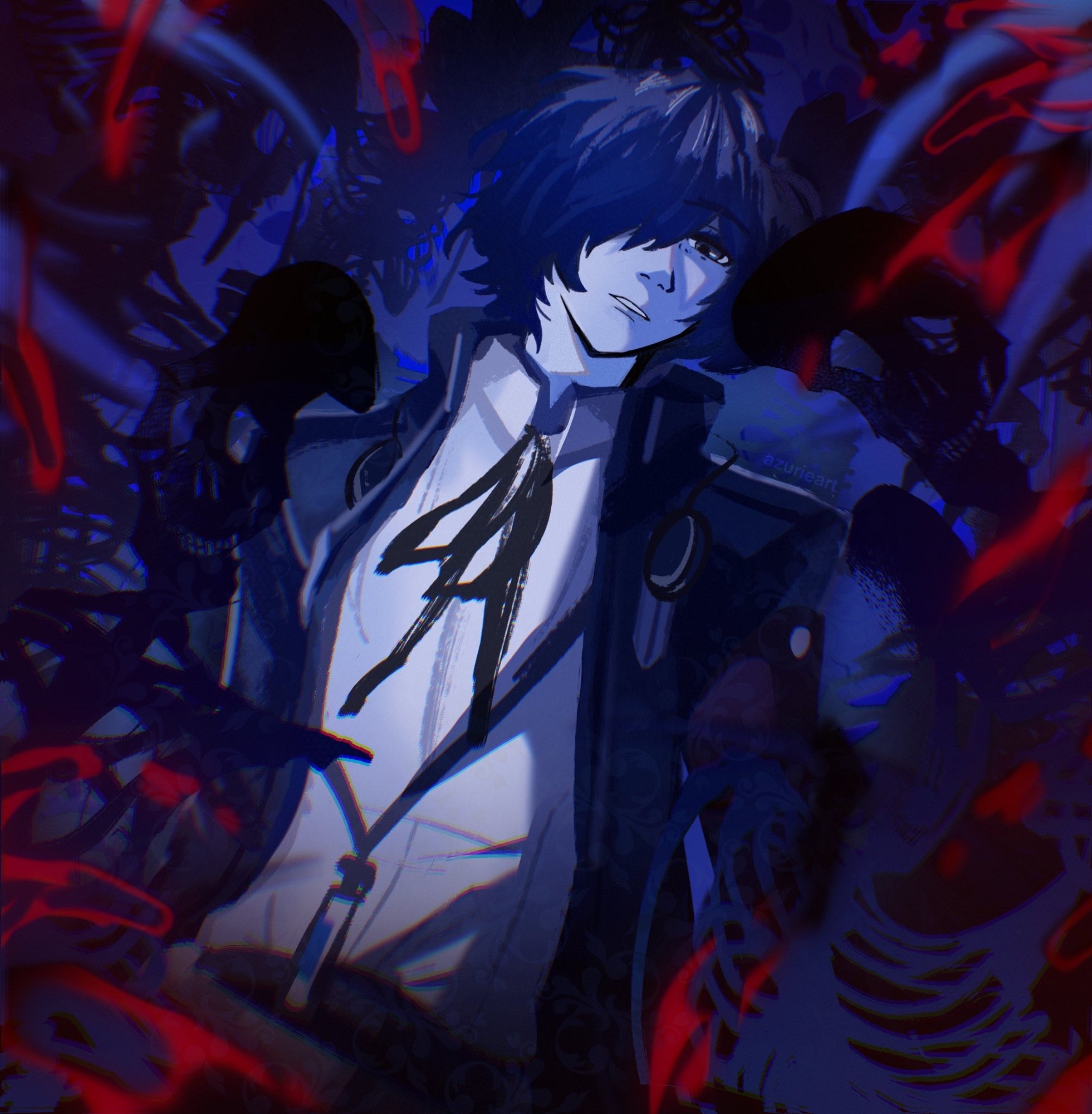 a piece heavily inspired by perfect blue, where makoto’s surrounded by skeletons and blood with a melancholic expression! i love makoto being surrounded by death but in a pretty way 👍👍