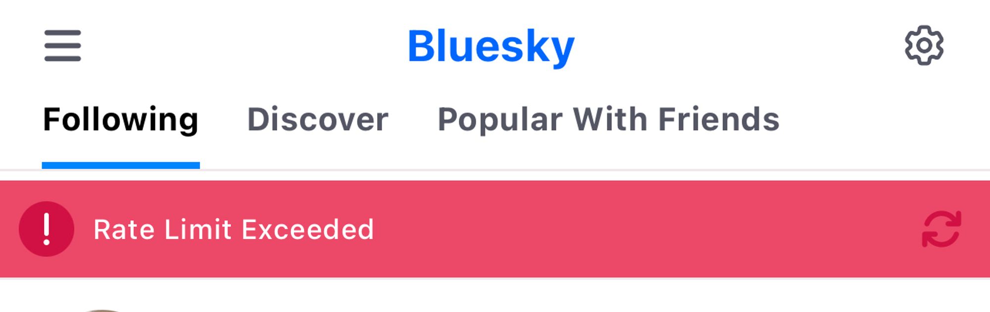 Rate limit exceeded on Bluesky screen shot.