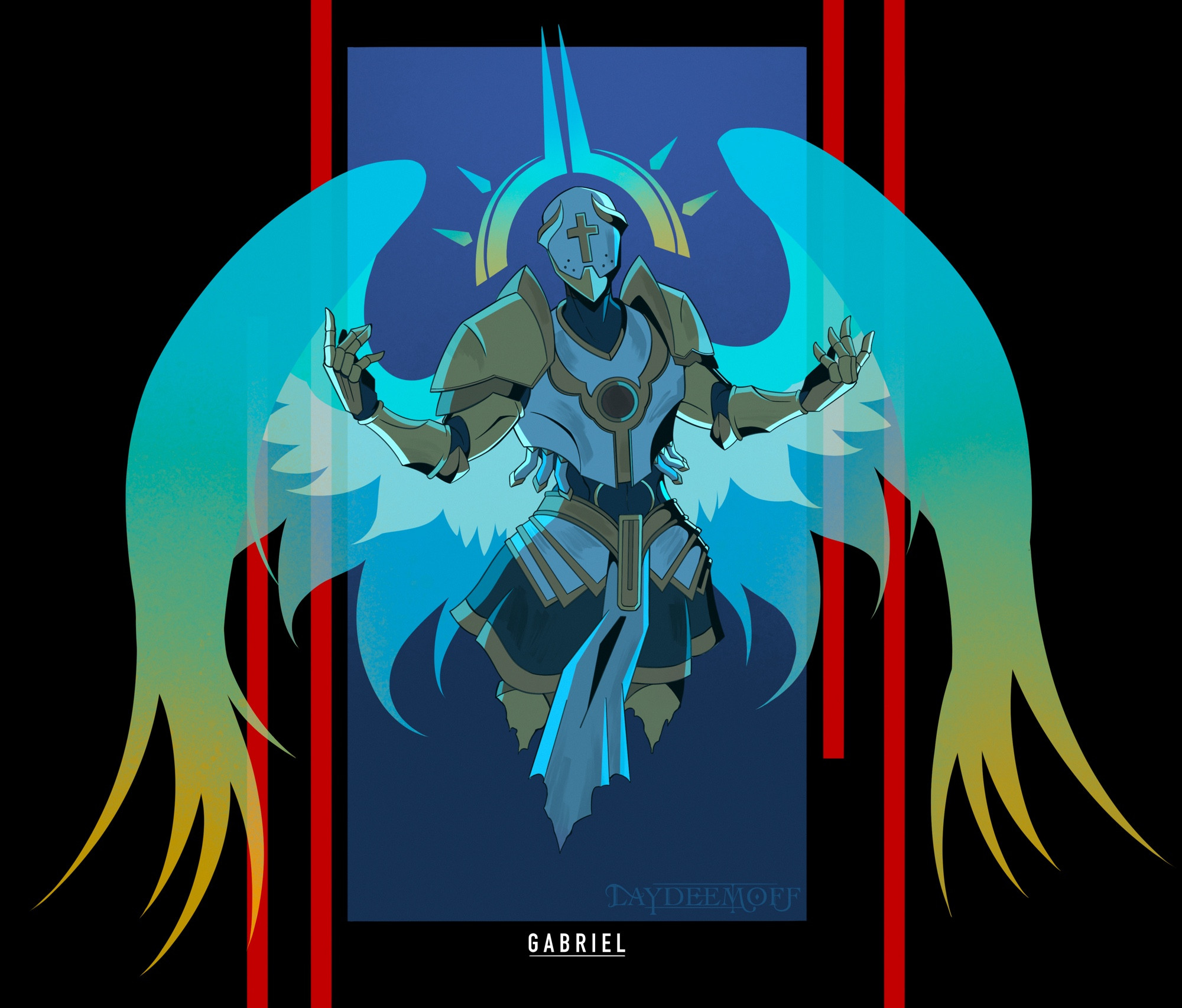 Gabriel is facing the camera. His arms are outstretched on either side, and his wings frame his body. The entire drawing has a blue overlay, the background is black. The lighting is rather minimal, but the lineart implies shadows.