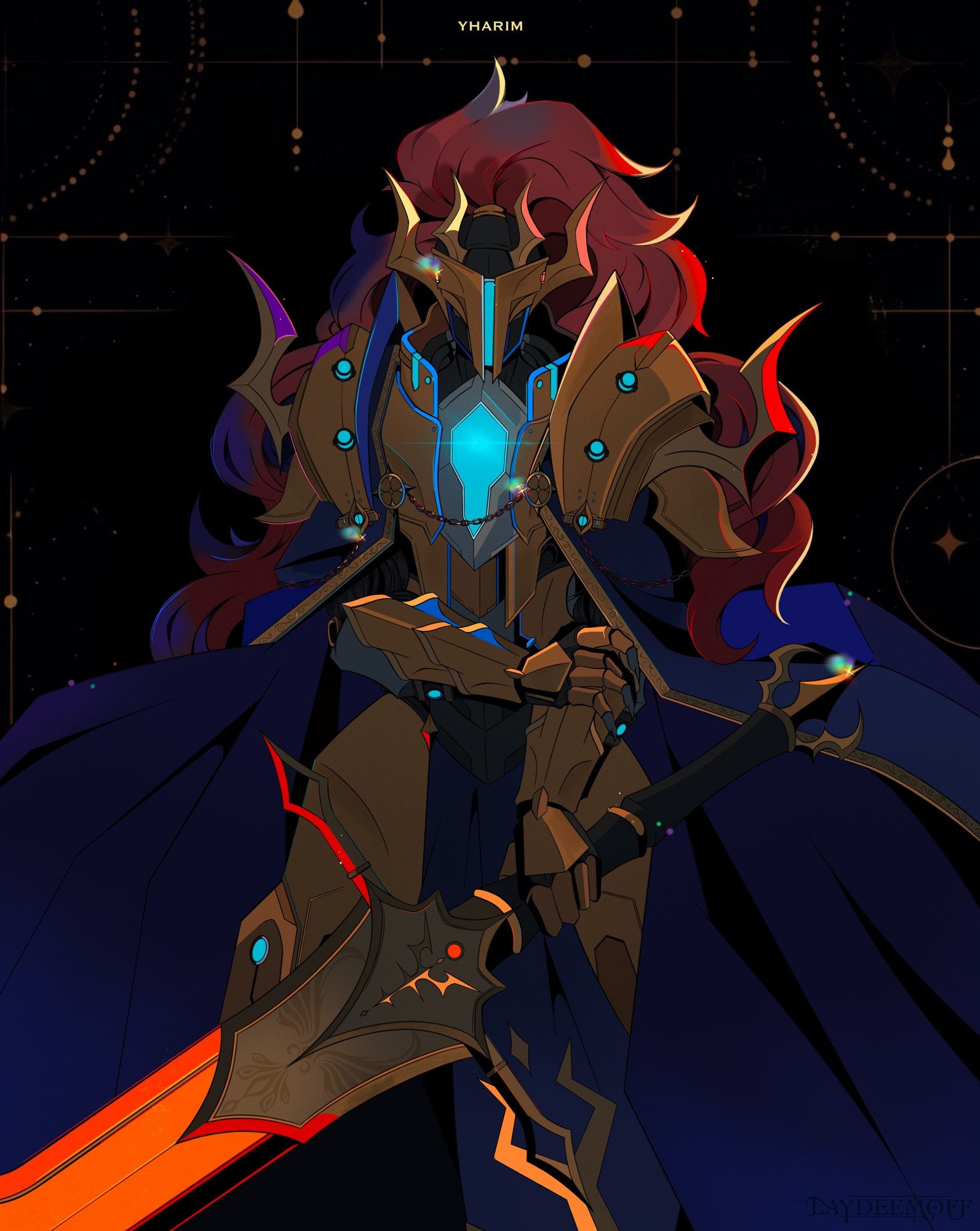 (I don’t trust Yharim to be as known as Calamitas.) A man in golden armour faces the camera, holding an enormous glowing gold sword in his left hand. Red hair falls from his helmet it waves, like an impressive plume. His cape frames his body in shades of dark blue and purple, decorated with golden trim. The entire painting is decorated with specks of colour and twinkles of light. The background is black with gold stars and line work as added details. He has no face, hidden behind a helmet, the horns od which make him resemble a dragon.