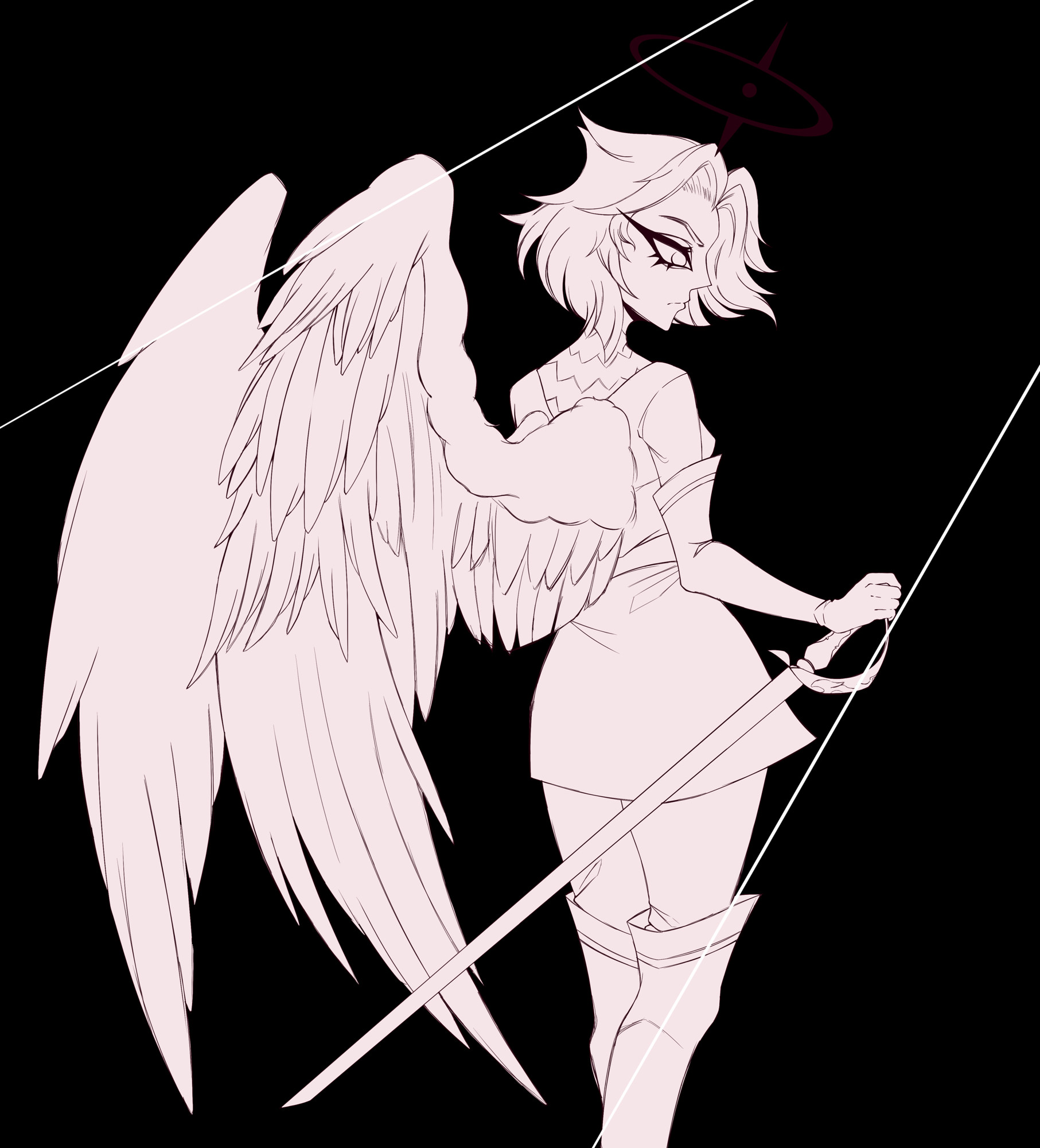 Lute from Hazbin Hotel stands facing to the right. Her wings are clearly visible, tucked behind her back. Her sword, rests on her right hip, held in place by her hand. There is no colour, and the background is black.