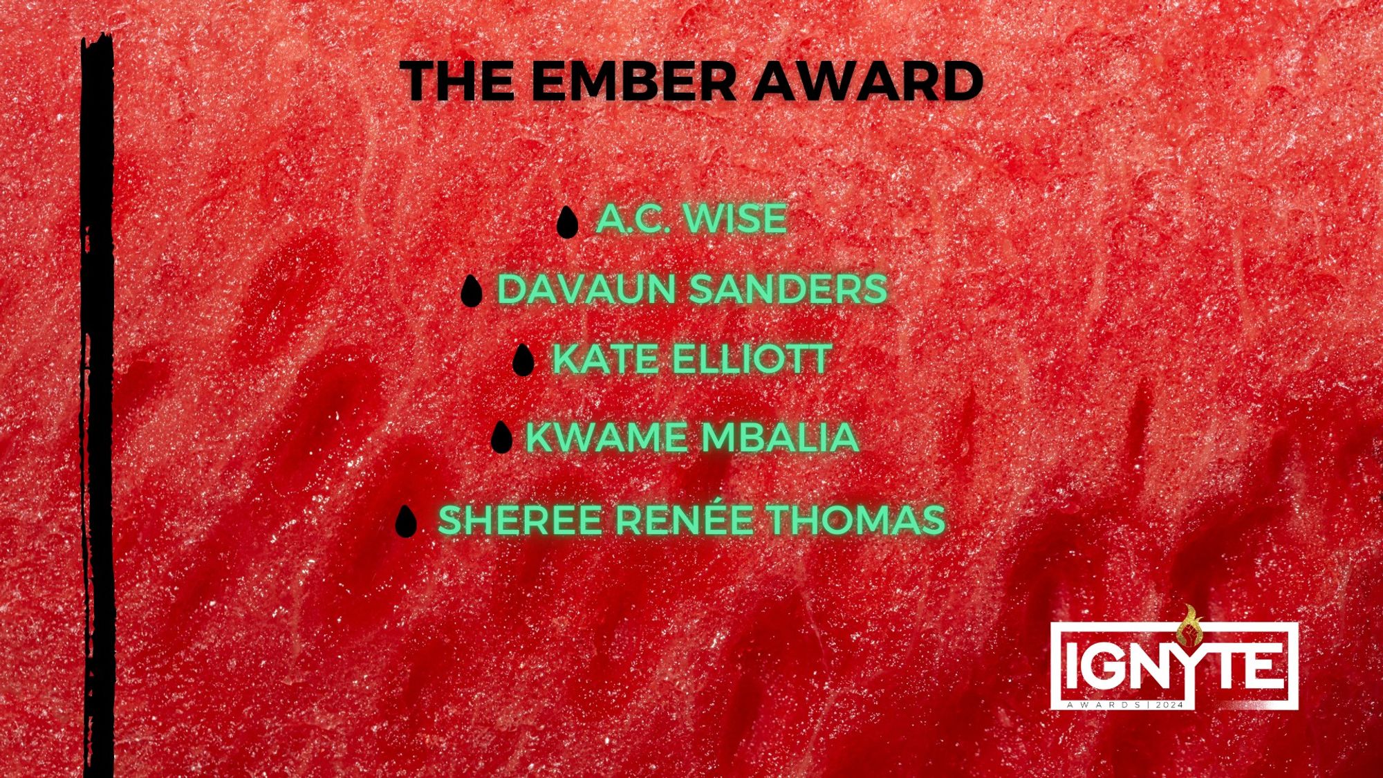 THE EMBER AWARD

for unsung contributions to genre

Sheree Renée Thomas

DaVaun Sanders

Kate Elliott

Kwame Mbalia

A.C. Wise