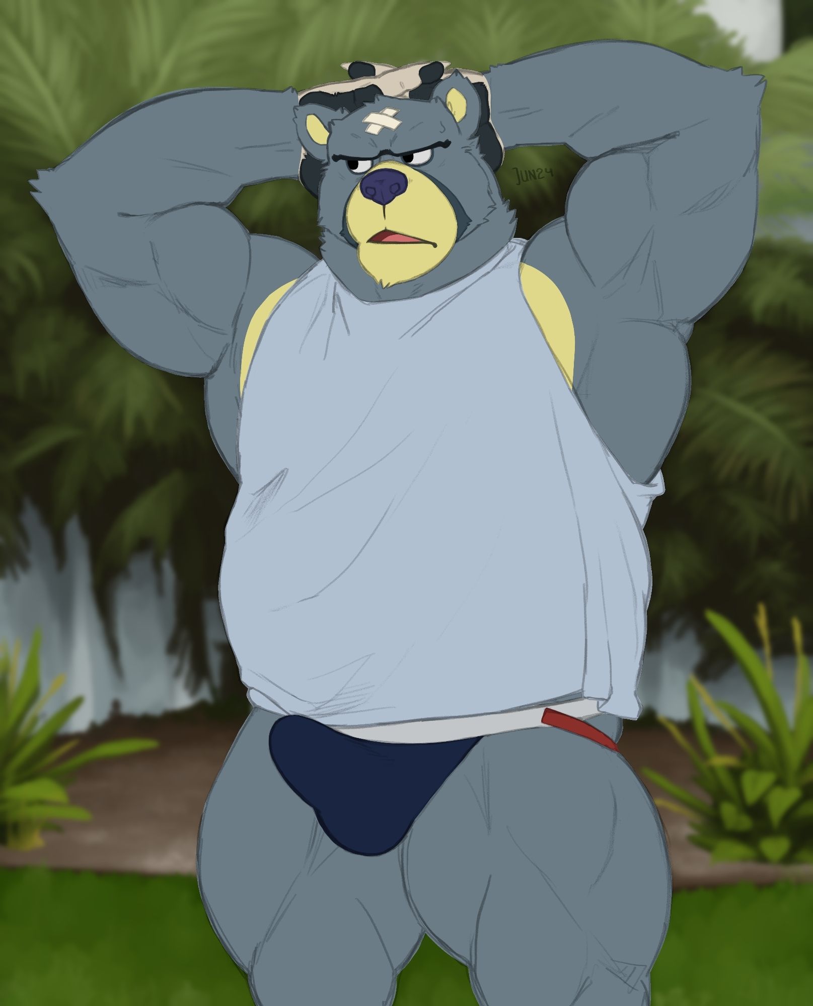 An unfinished drawing of a blue musclechub anthro bear posing for the camera with his hands behind his head in front of a garden. He's wearing a bright tank top and a dark blue jockstrap, sporting a hard-on.