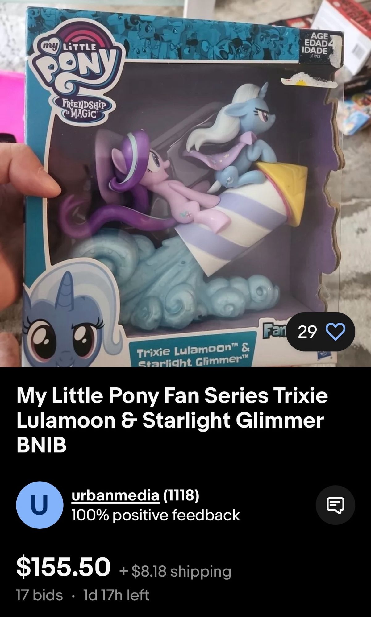 Ebay listing for a my little pony fan series trixie lulamoon and starlight glimmer figure brand new in box. Current bid $155.50