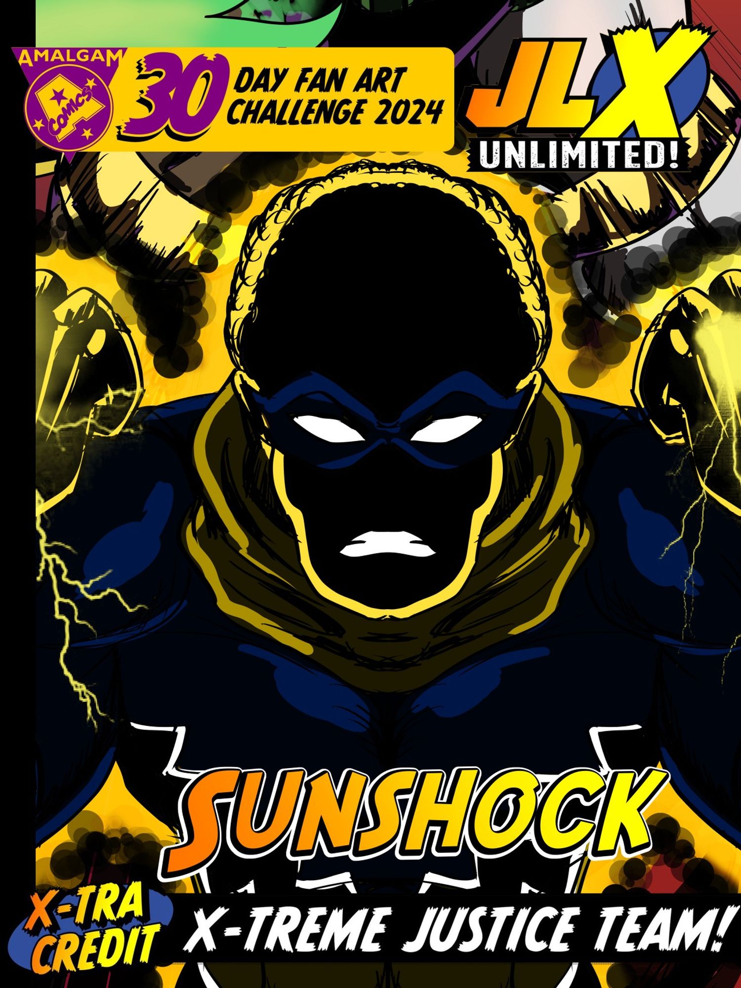 A fusion of Black Lightning from the Justice League and Sunspot of the X-Men, called Sunshock.