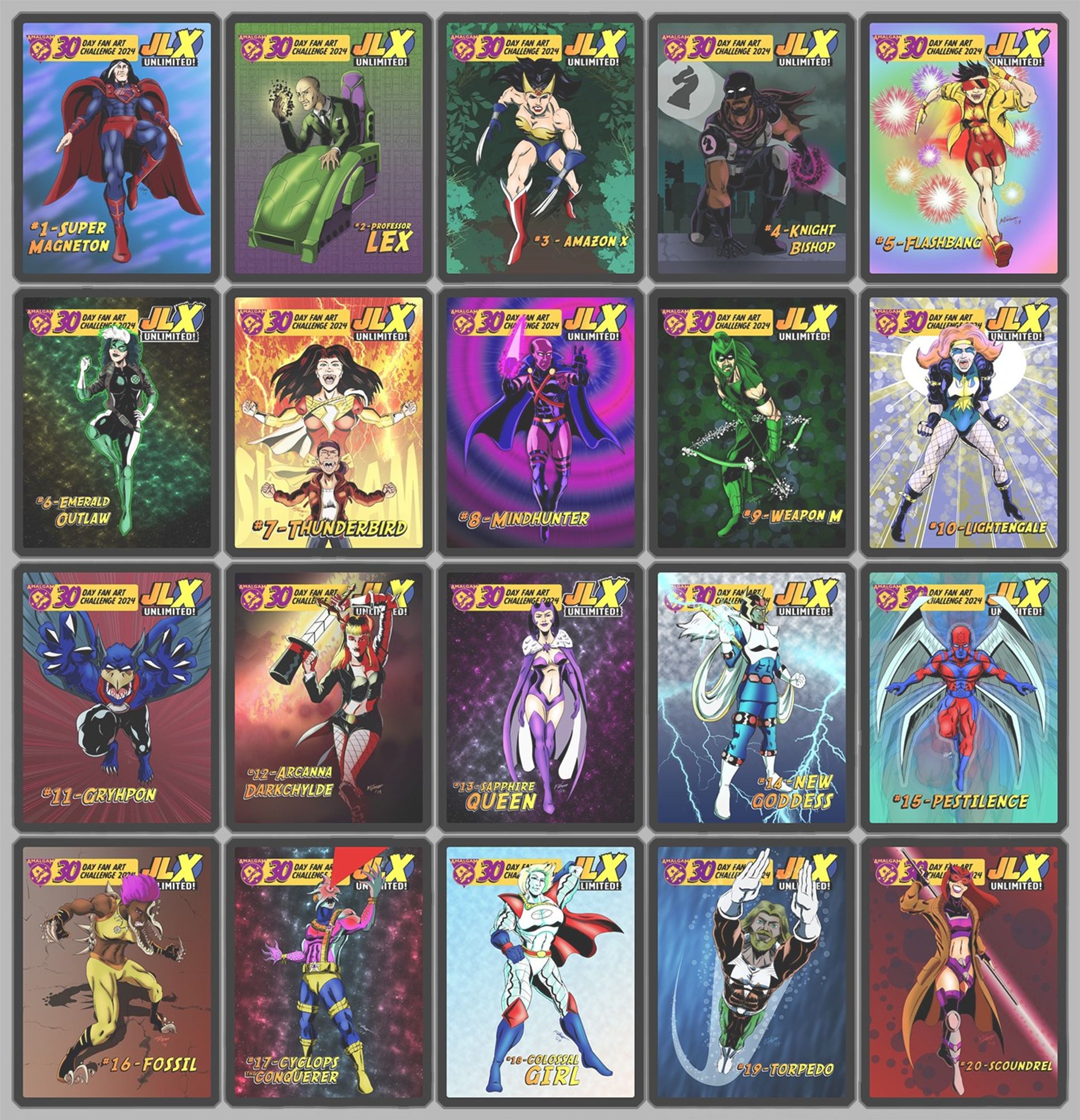 Artwork from Day 1 to Day 20 of the JLX Unlimited Challenge displayed as sleeved trading cards.