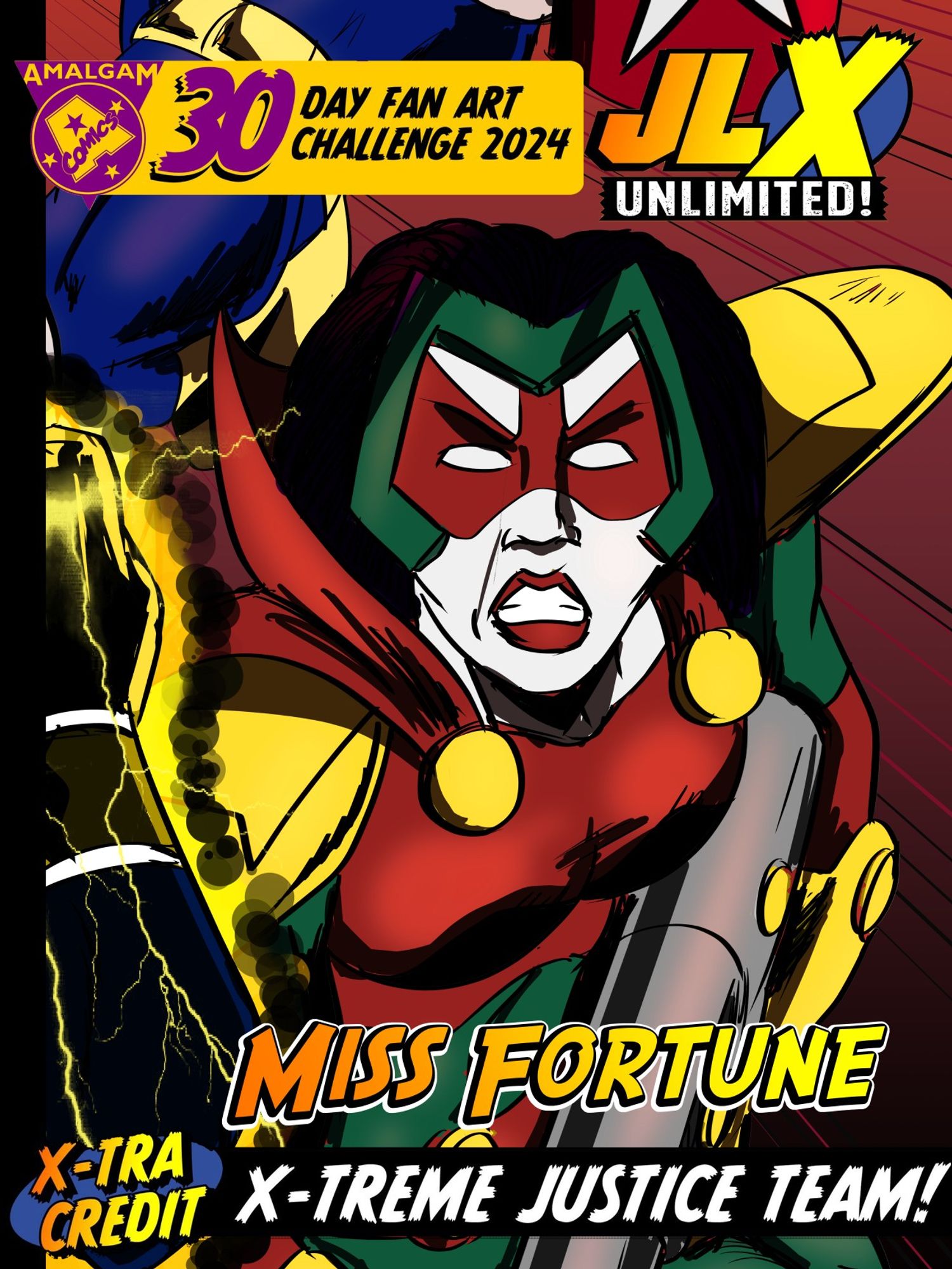 A fusion of Mister Miracle from the Justice League and Domino of the X-Men, called Miss Fortune.