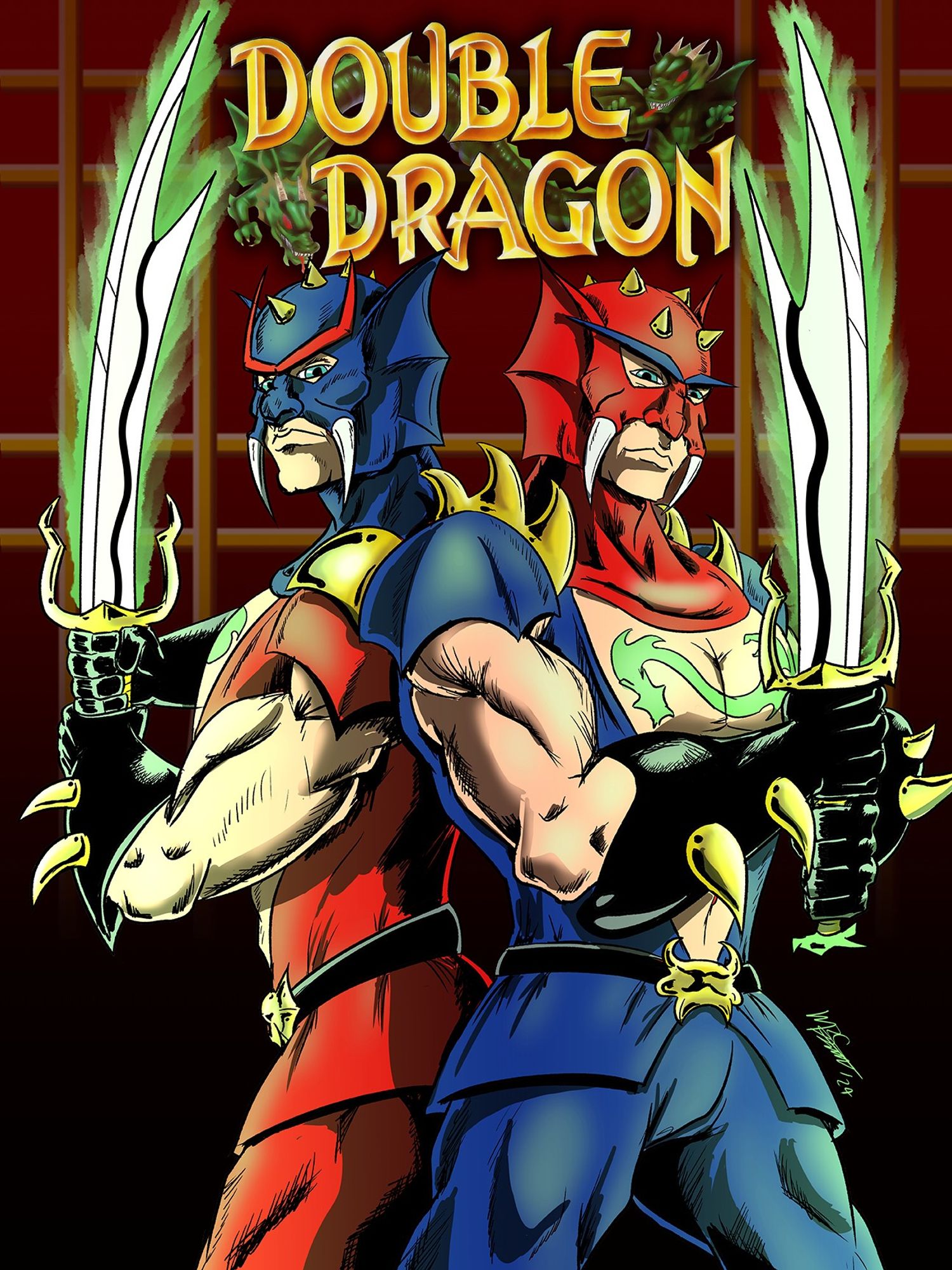 The Dragon Masters, Jimmy and Billy Lee from the Double Dragon cartoon, standing back to back, swords drawn and glowing.