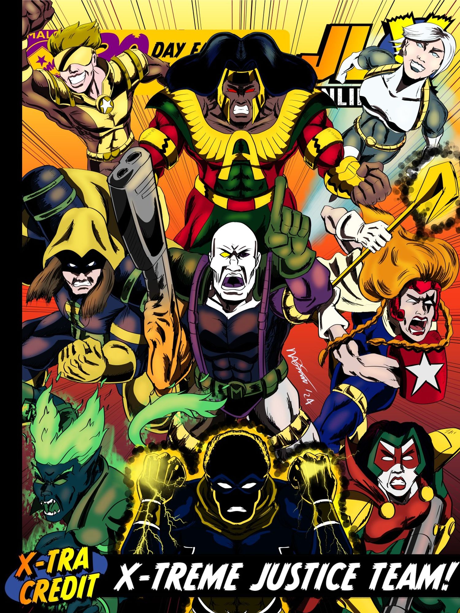 The X-treme Justice Team, featuring nine characters fused from members of DC Comics' Extreme Justice and Marvel's X-Force. Left to right, top to bottom are: Gold Boom, Amazing Apache, Snowball, Time Tremor, Mutamorpho, Shatterstar Girl, Feral Flame, Sunshock and Miss Fortune.