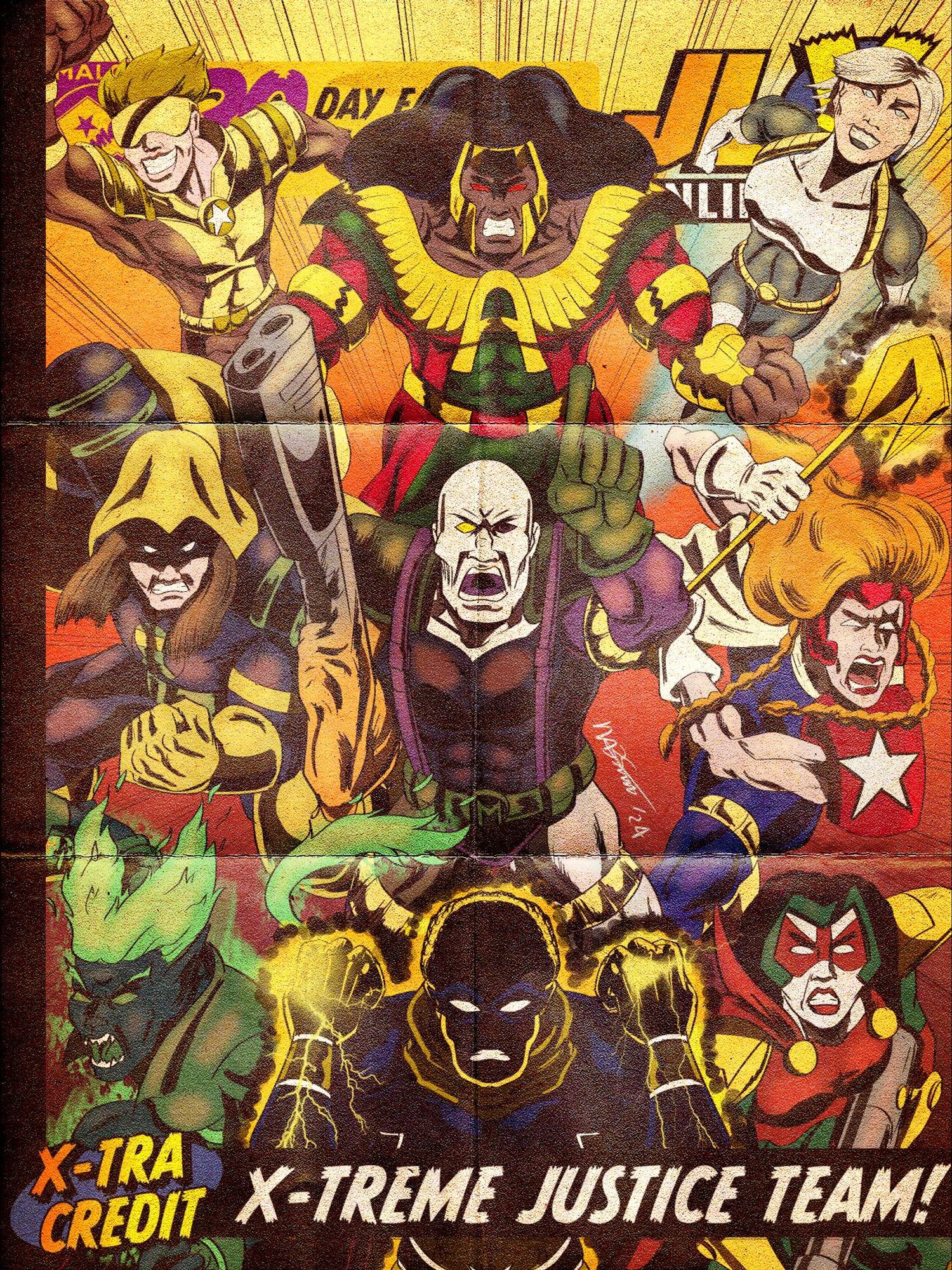 A pinup of the JLX Unlimited Challenge Extra Credit characters, the X-treme Justice Team, as a weathered foldout poster.