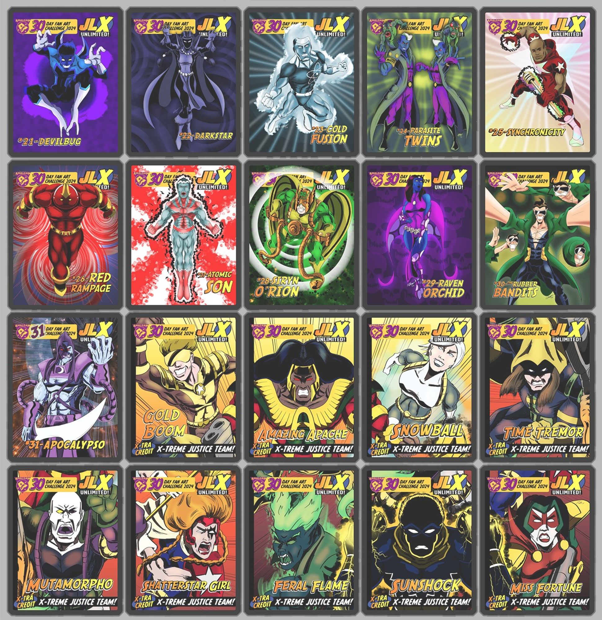 Artwork from Day 21 to Day 31 of the JLX Unlimited Challenge, plus the nine Extra Credit characters, displayed as sleeved trading cards.