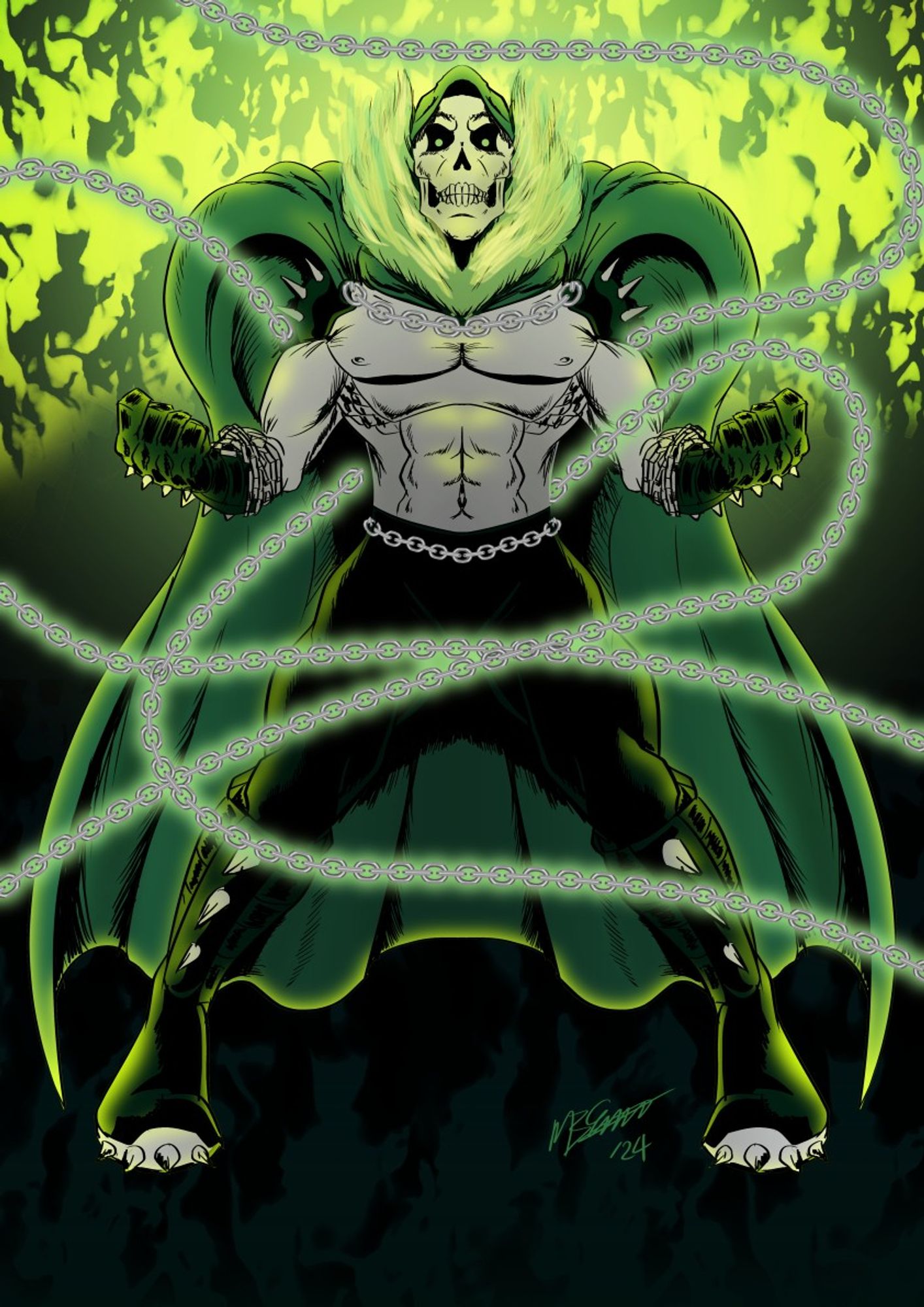 An amalgam OC called Vengeance, a cross between Ghost Rider and The Spectre. He is a pale, muscular, shirtless man with a skull for a head surrounded by yellow-green flames, with a green hooded cape, black leather pants, and gloves and boots with spikes. There are chains wrapped around his wrists and waist, with other chains snaking out from behind his back. The background behind him is on fire.