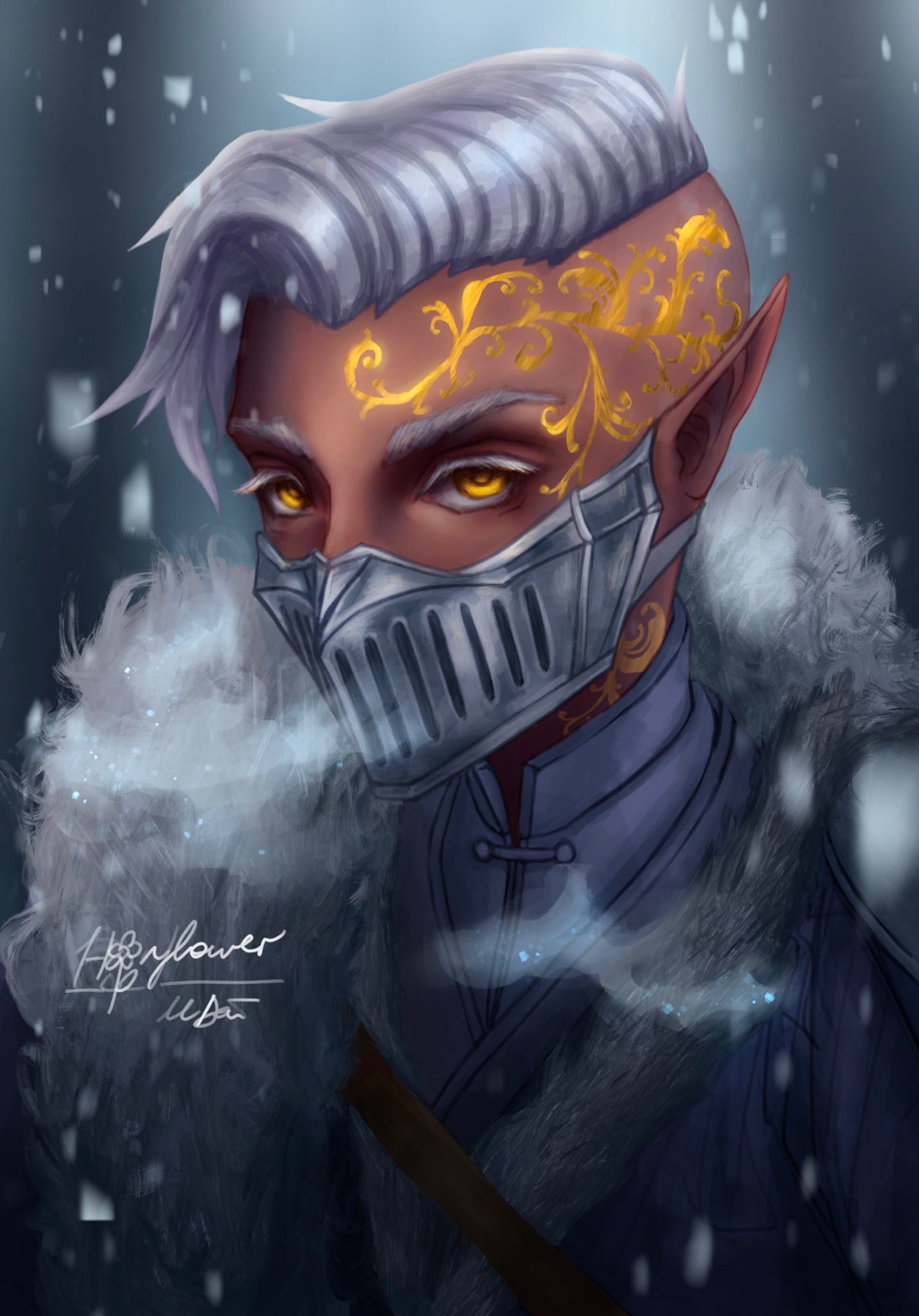 digital painting of a white-haired man in an iron half-face mask in the snow, wearing winter clothes. He has a golden filigree tattoo on the side of his head