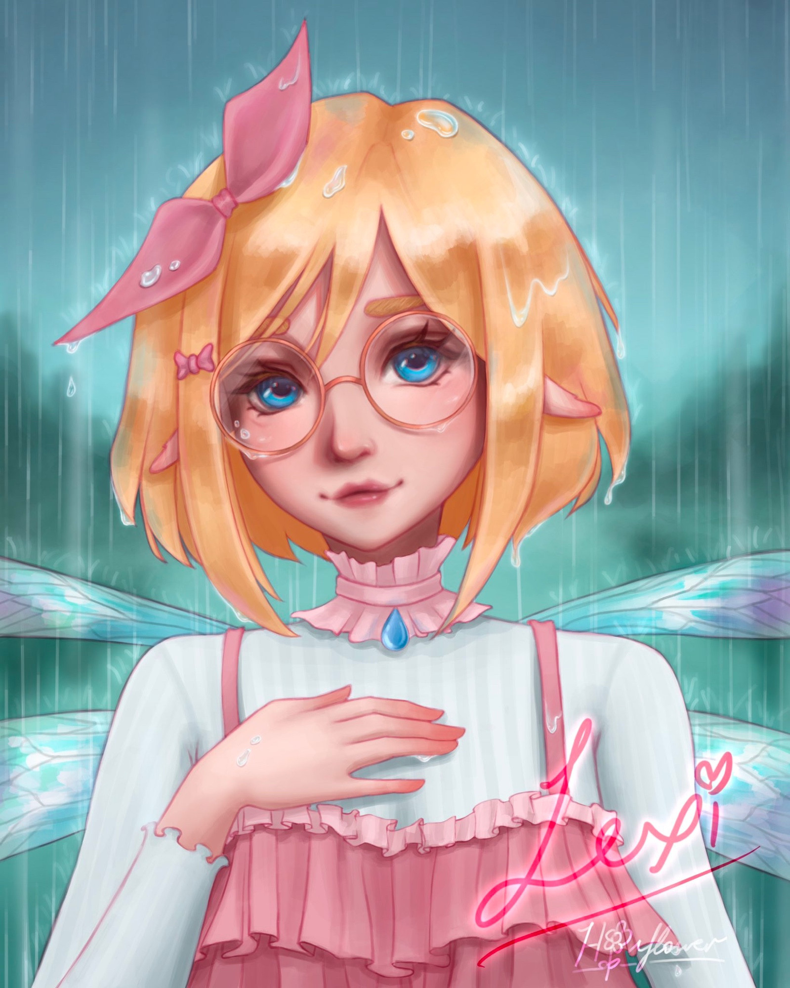 digital painting of a blonde fairy girl with dragonfly wings in the rain