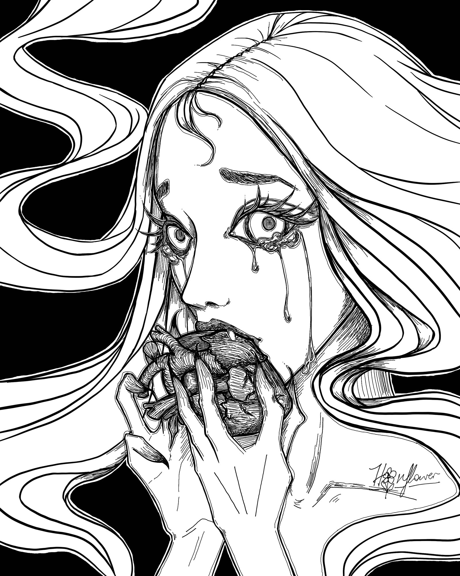 digital ink drawing of a crying woman with floating hair eating a disembodied heart