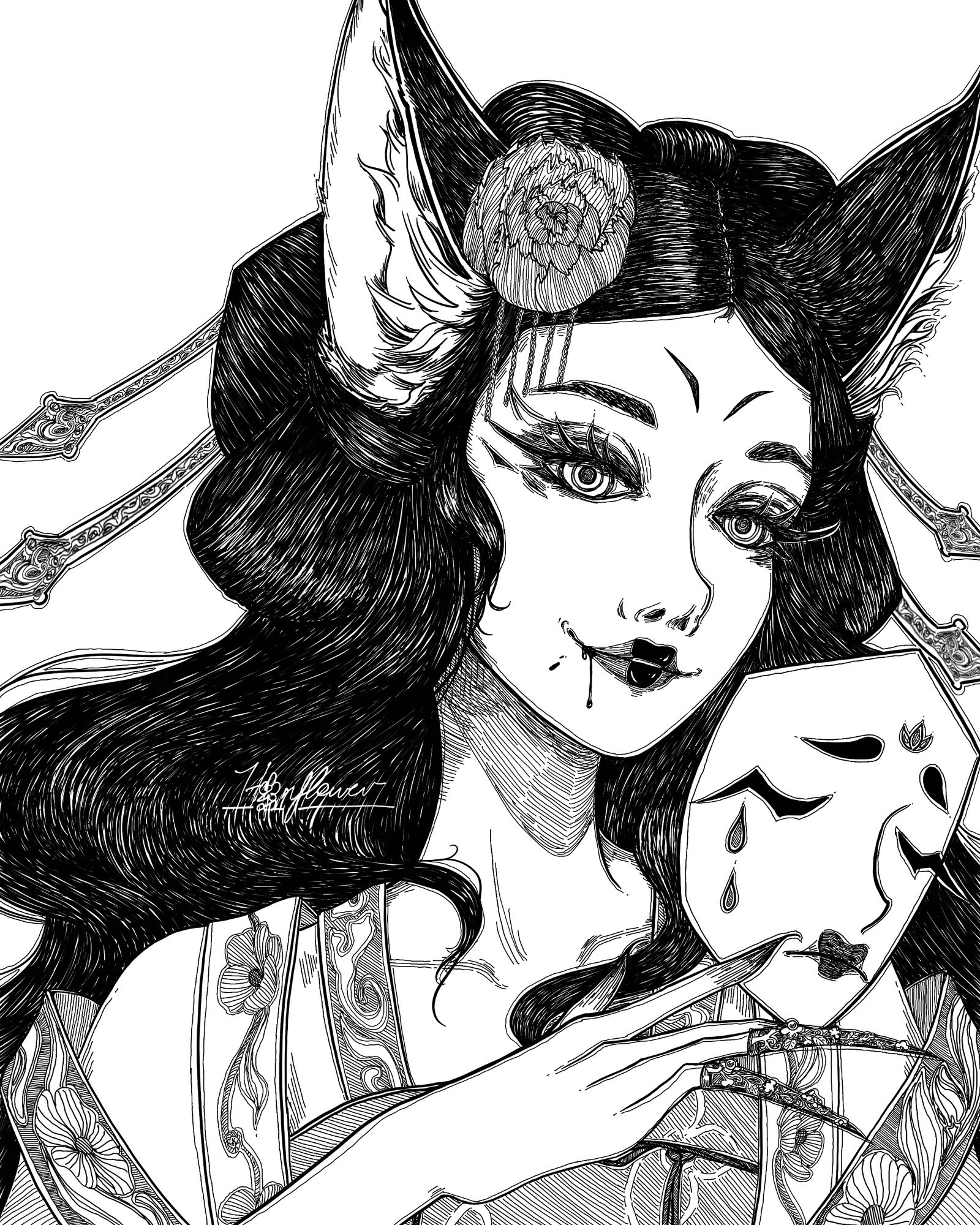 digital ink drawing of a smiling female fox demon wearing chinese hanfu holding a crying mask