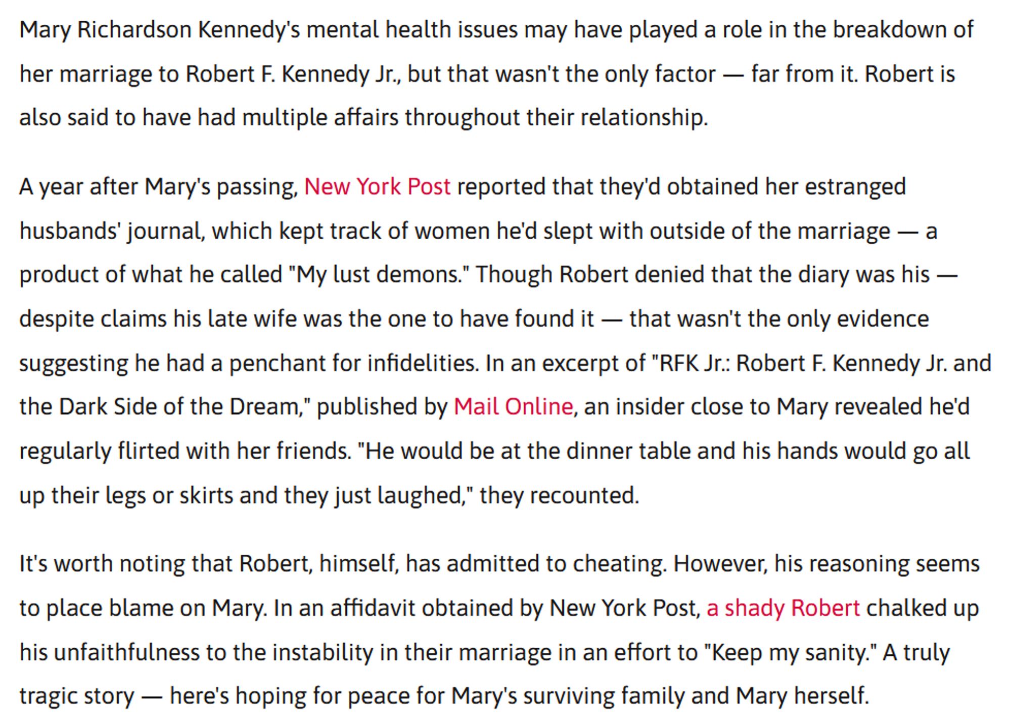 Screengrab of a story saying RFK, Jr.'s second marriage broke down due to her mental health issues - and his infidelity (what he called "My lust demons").