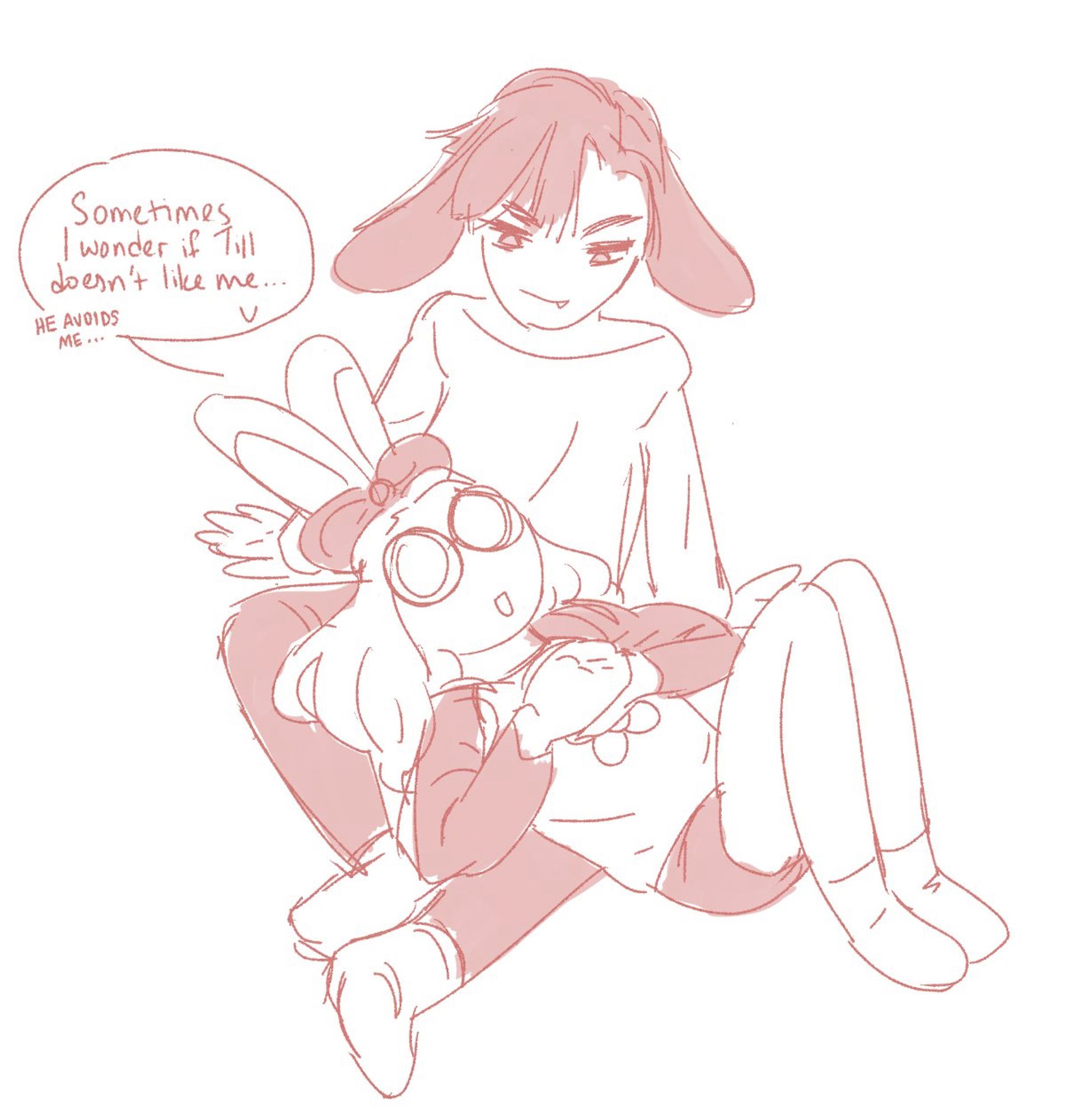 Sketch of Mizi and Ivan from Alien Stage, but with their designs from the bunny collection. Mizi reclines in Ivan’s lap, therapy bed style, and says “Sometimes I wonder if Till doesn’t like me… he avoids me…”