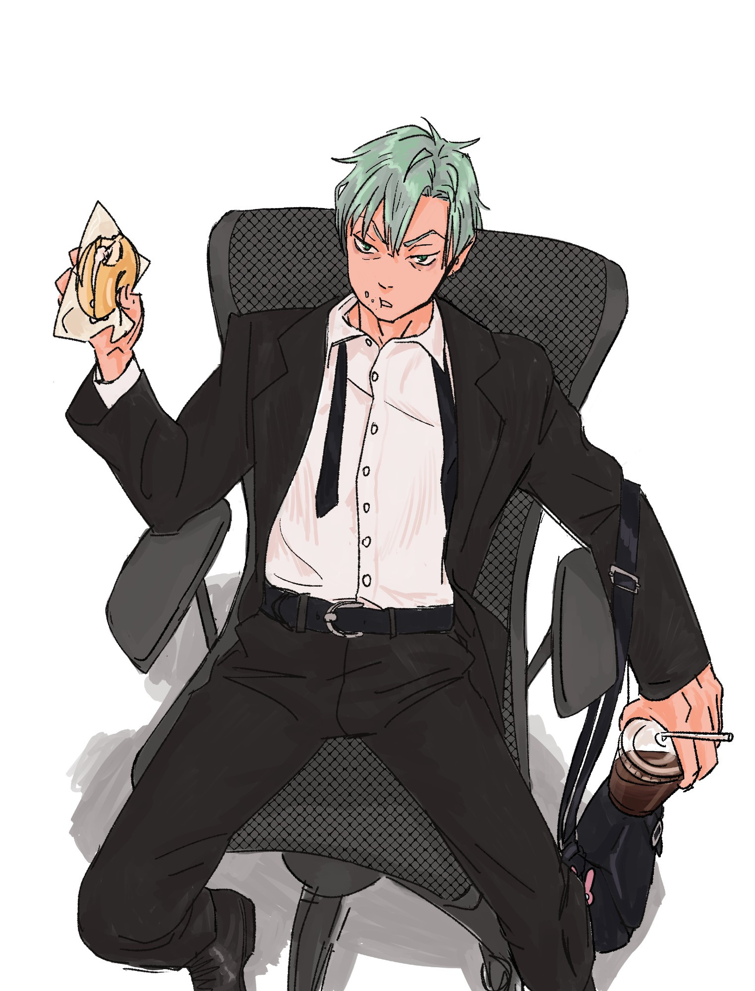 Illustration of Till from Alien Stage in a disheveled suit, holding a bagel and a cold brew.