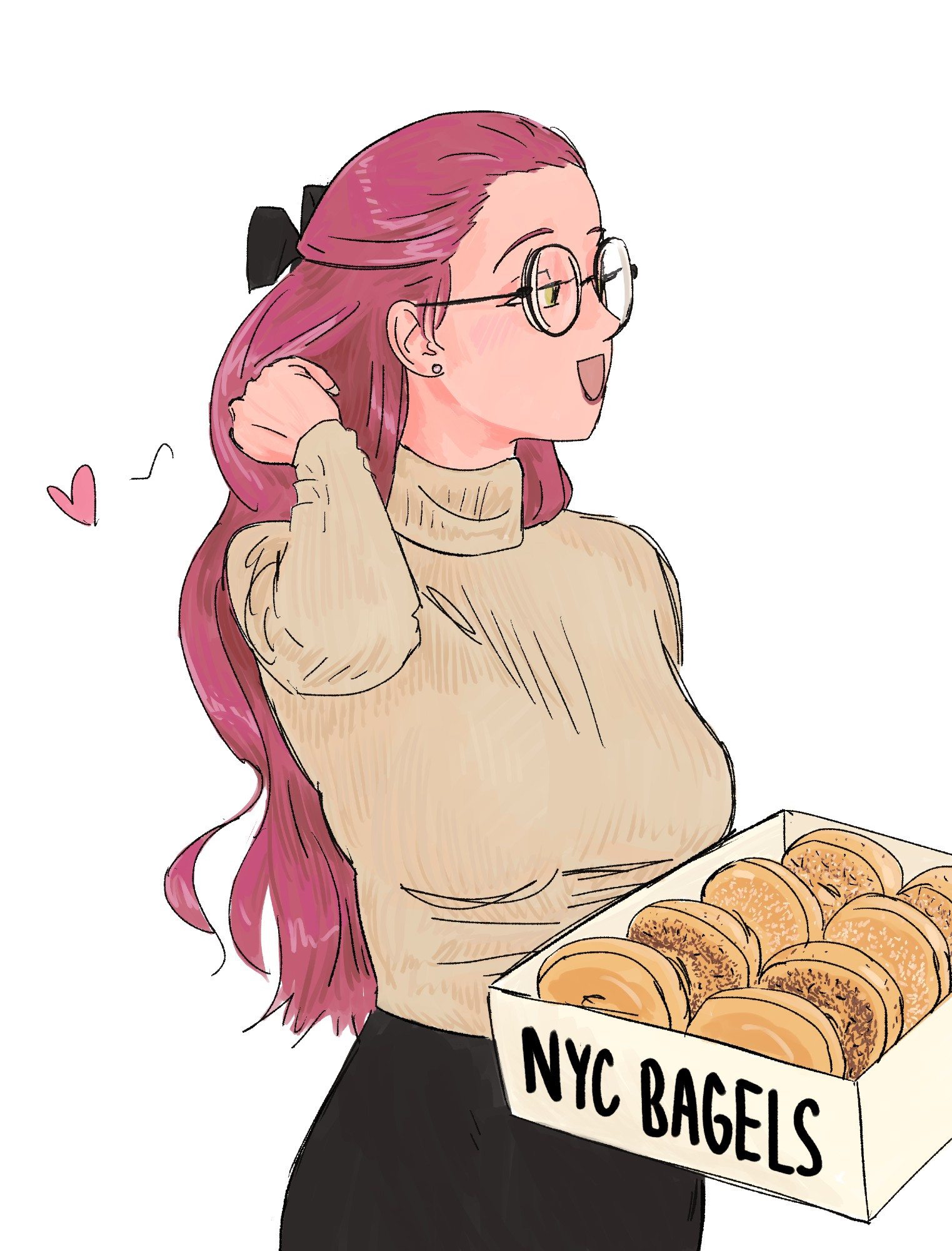 Illustration of Mizi from Alien Stage in cute office wear holding a box of bagels.