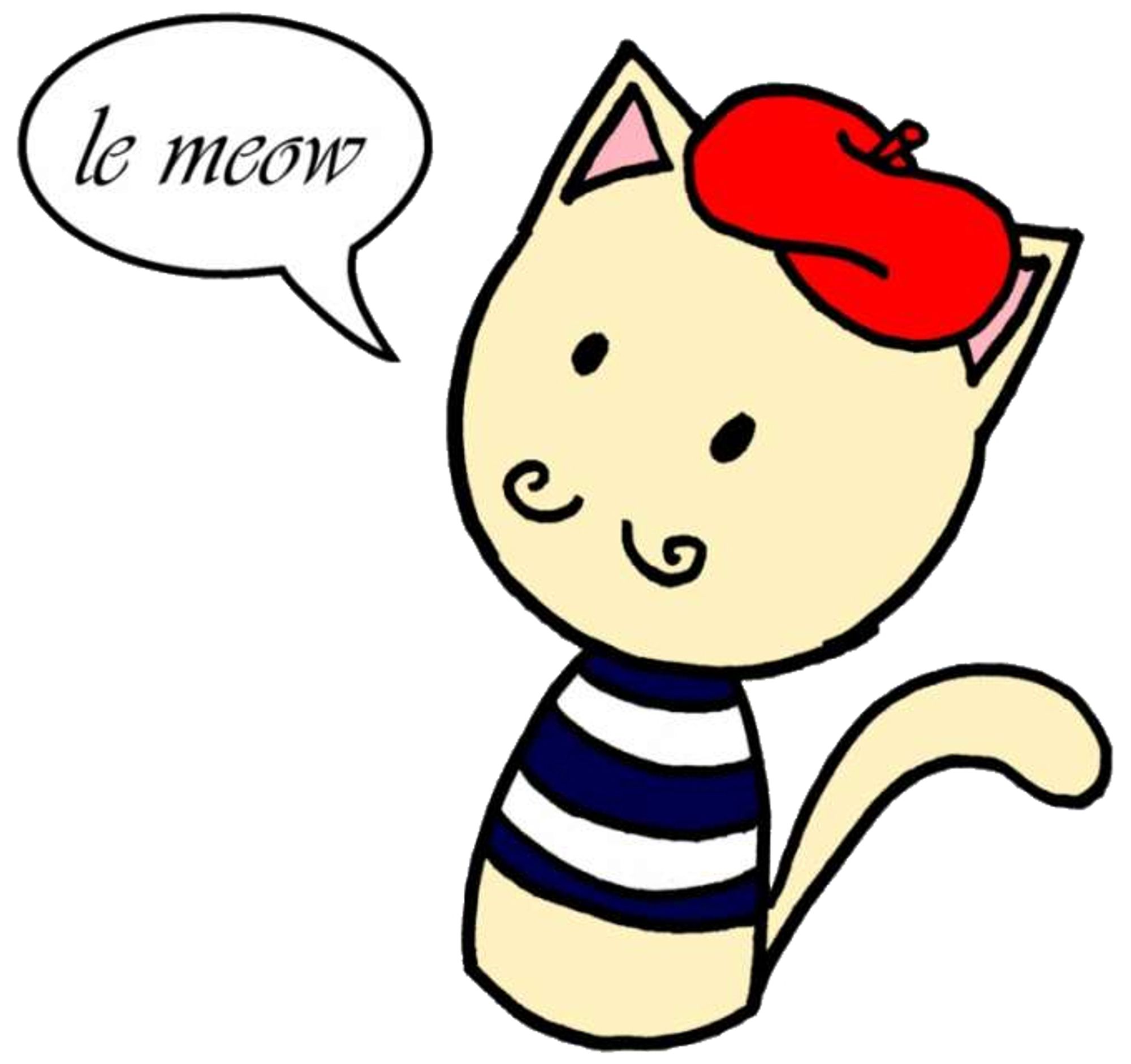 A cartoon style picture of a small yellow cat with a curled pencil-thin mustache, wearing a blue and white striped top and a red beret, saying "le meow."