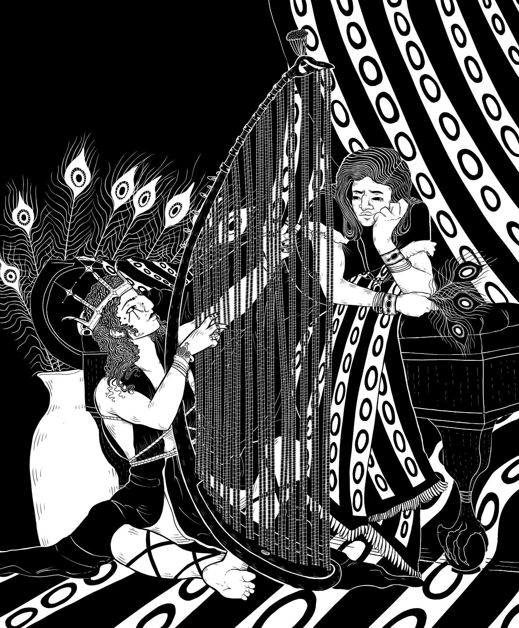 Lucifer playing a peacock shaped harp serenely. In the bedroom with him is Paimon watching endearingly. Art.