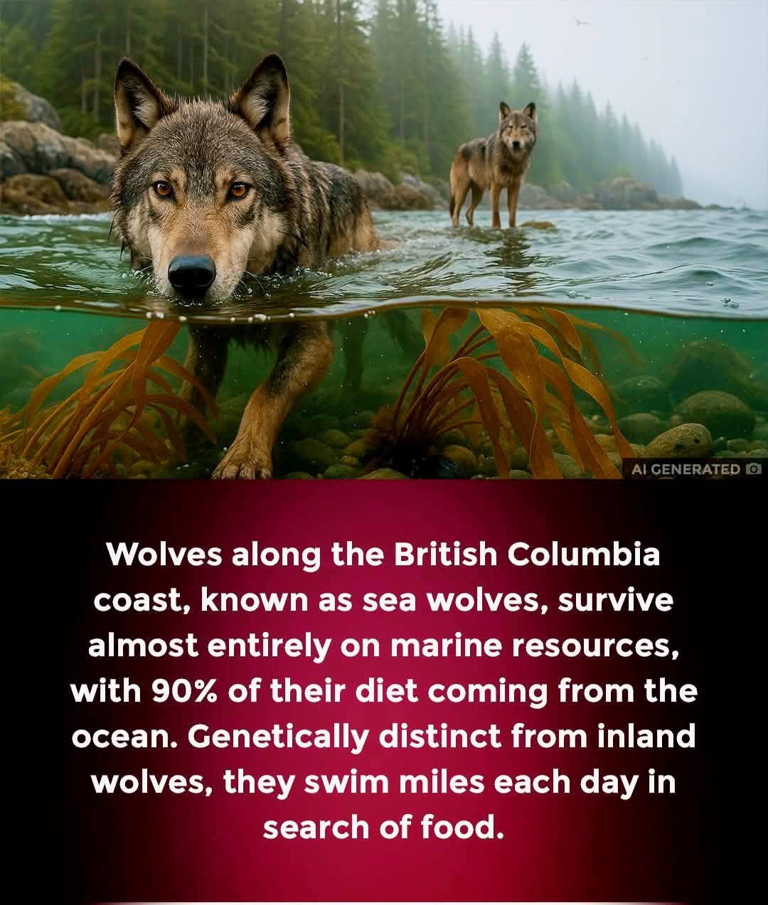 
Wolves along the British Columbia coast, known as sea wolves, survive almost entirely on marine resources, with 90% of their diet coming from the ocean. Genetically distinct from inland wolves, they swim miles each day in search of food.